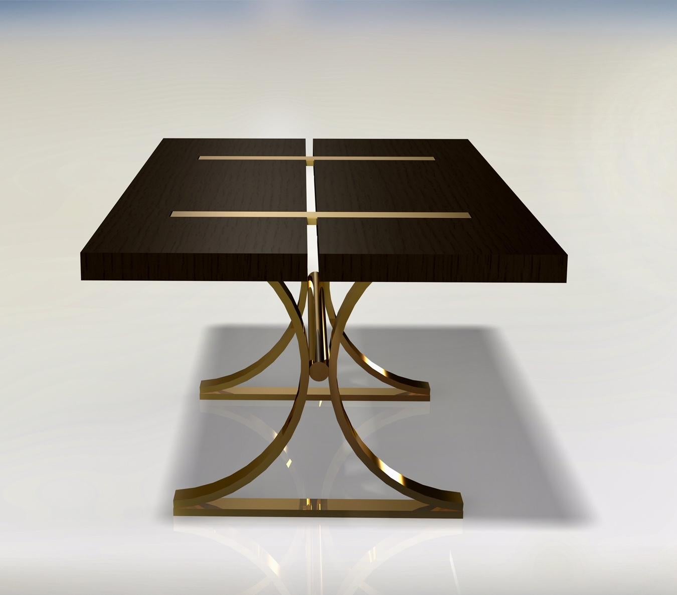 British Art Deco Inspired Vesta Dining Table in Antique Brass Tint  &Wood Veneer Surface For Sale