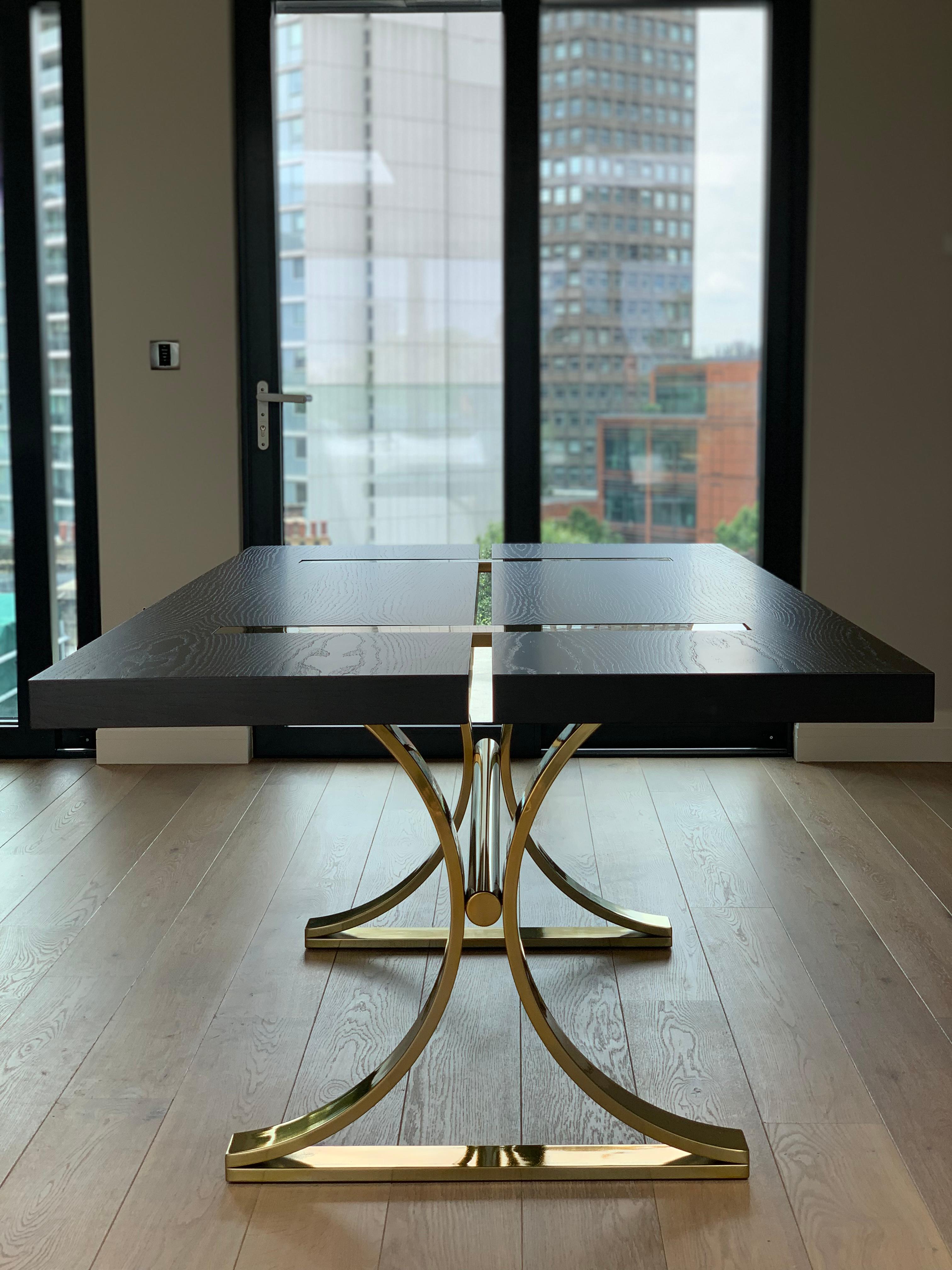 Art Deco Inspired Vesta Dining Table in Antique Brass Tint  &Wood Veneer Surface For Sale 1