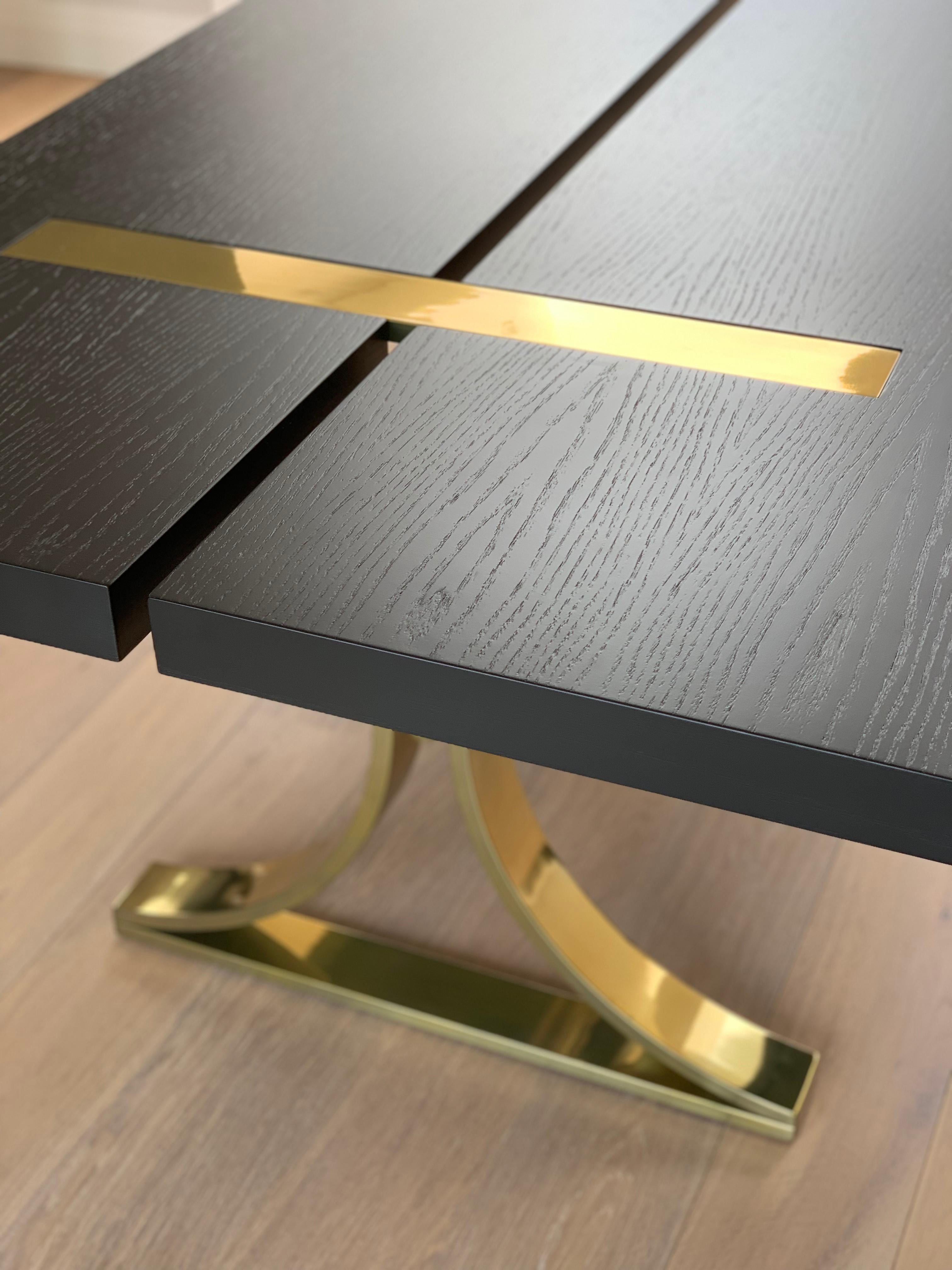 Patinated Art Deco Inspired Vesta Dining Table in Antique Brass Tint  &Wood Veneer Surface For Sale