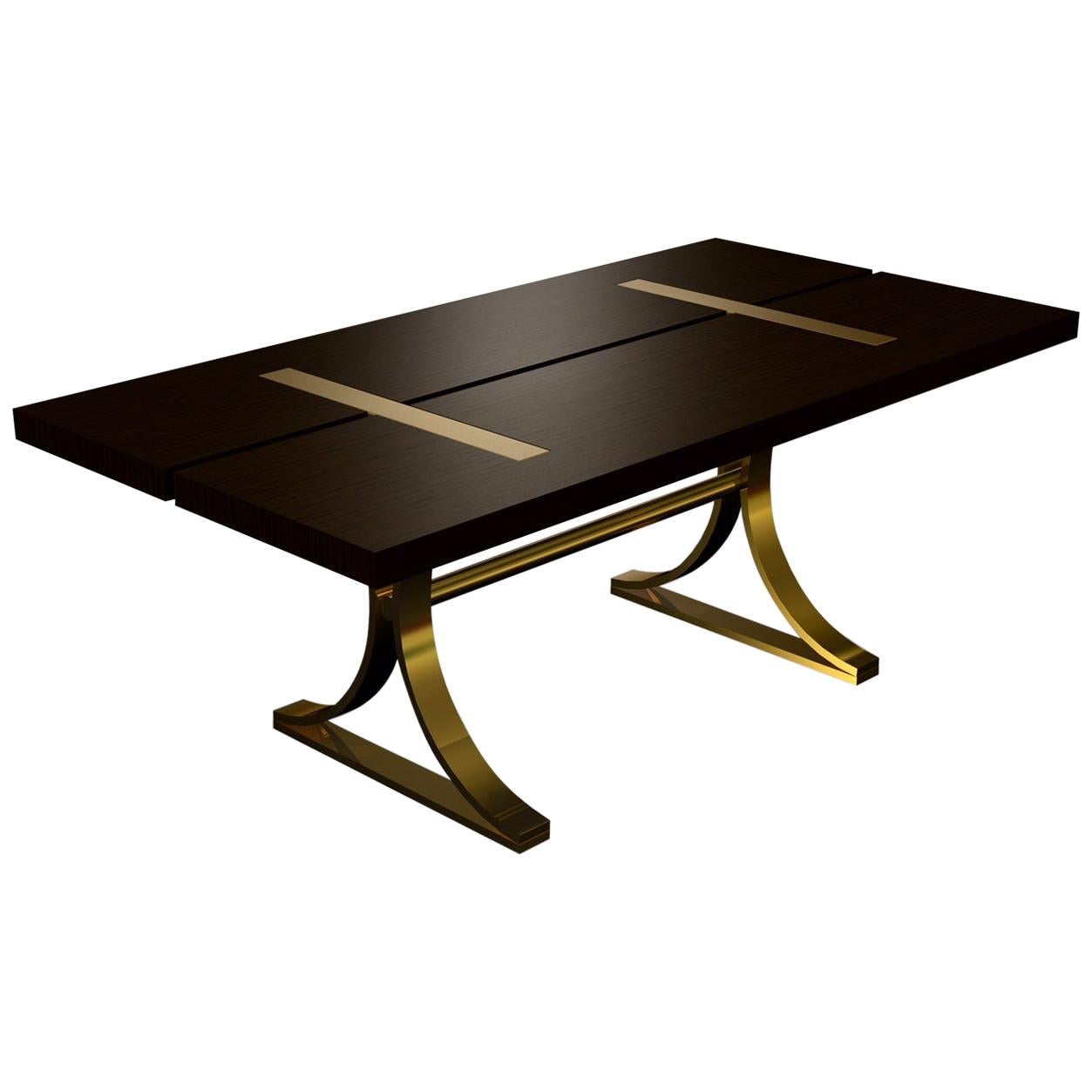 Art Deco Inspired Vesta Dining Table in Antique Brass Tint  &Wood Veneer Surface For Sale