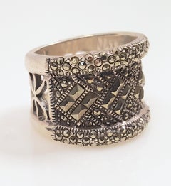 ArtDeco Marcasite&Pyrite Sparkly SterlingSilver Geometric Filigree WideBand Ring