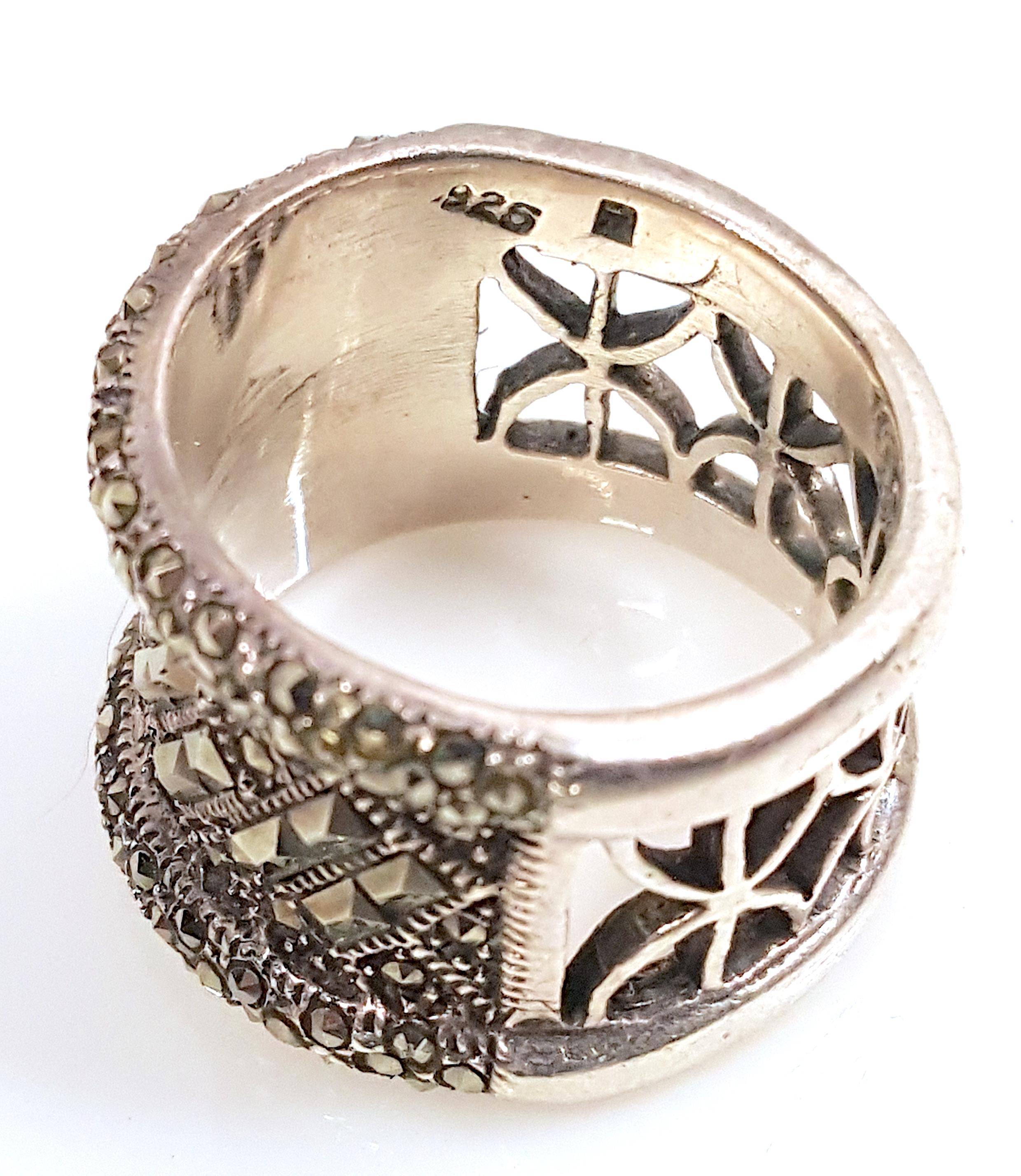 Art Deco ArtDeco Marcasite&Pyrite Sparkly SterlingSilver GeometricWideFiligree Band Ring For Sale