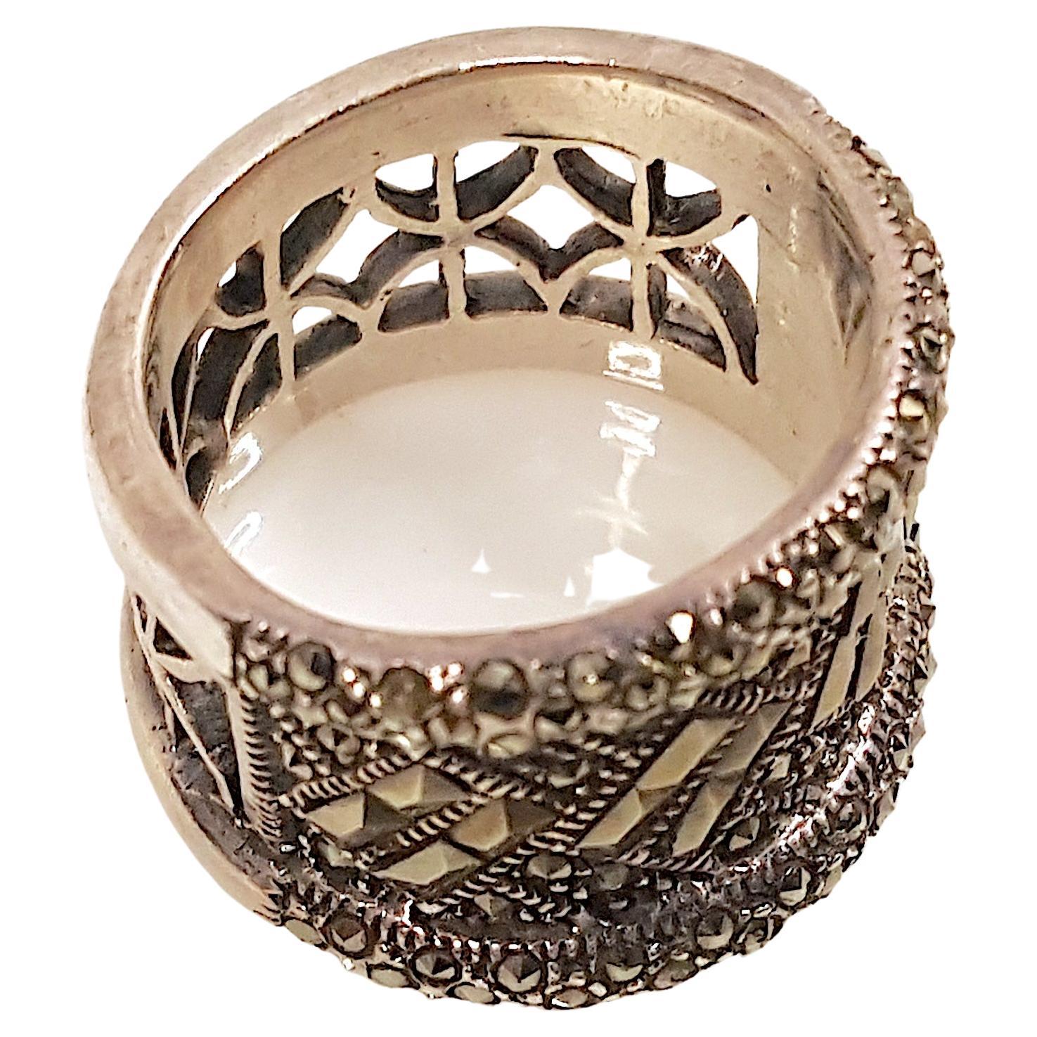 Mixed Cut ArtDeco Marcasite&Pyrite Sparkly SterlingSilver GeometricWideFiligree Band Ring For Sale