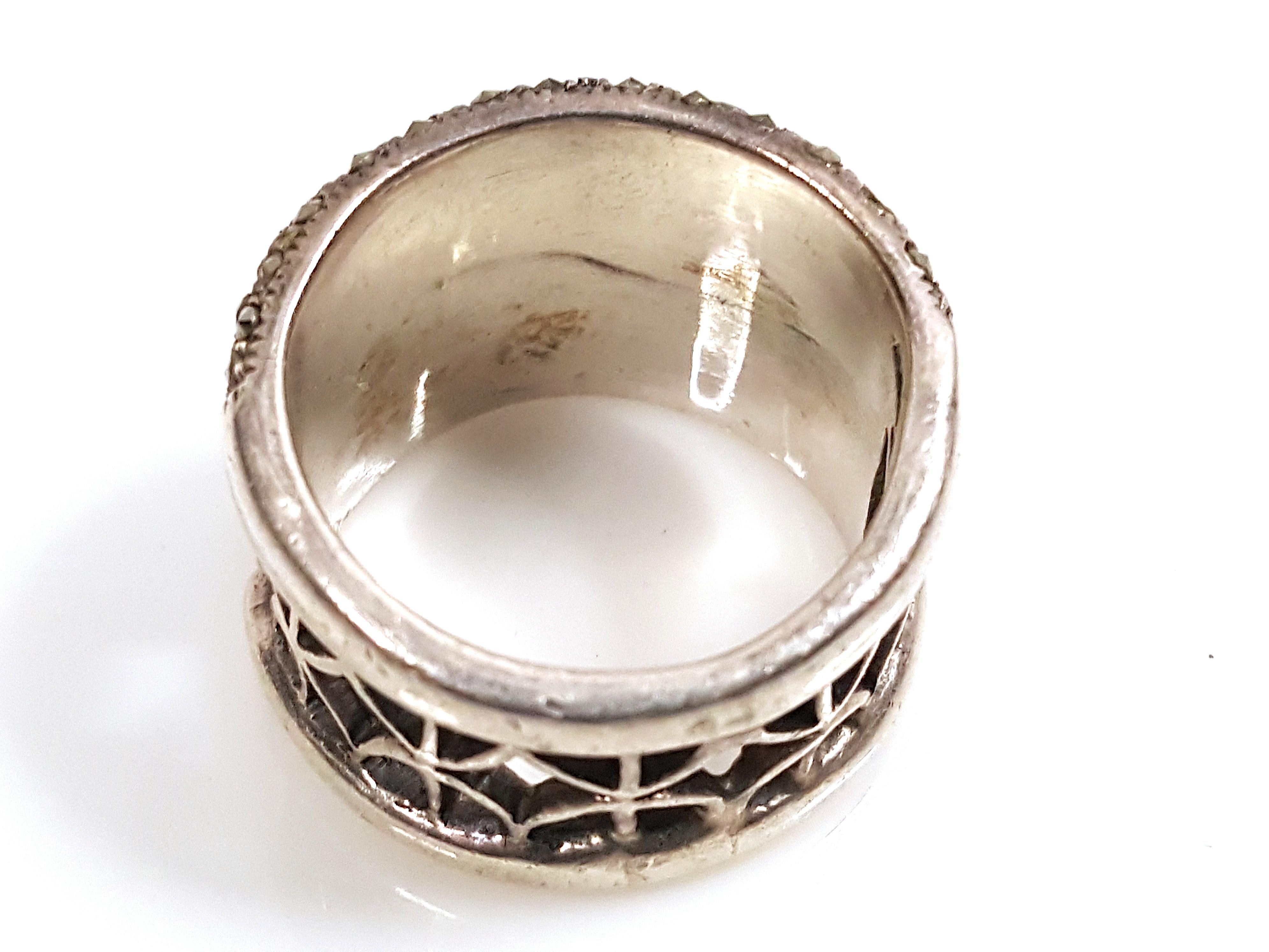 Women's ArtDeco Marcasite&Pyrite Sparkly SterlingSilver Geometric Filigree WideBand Ring For Sale