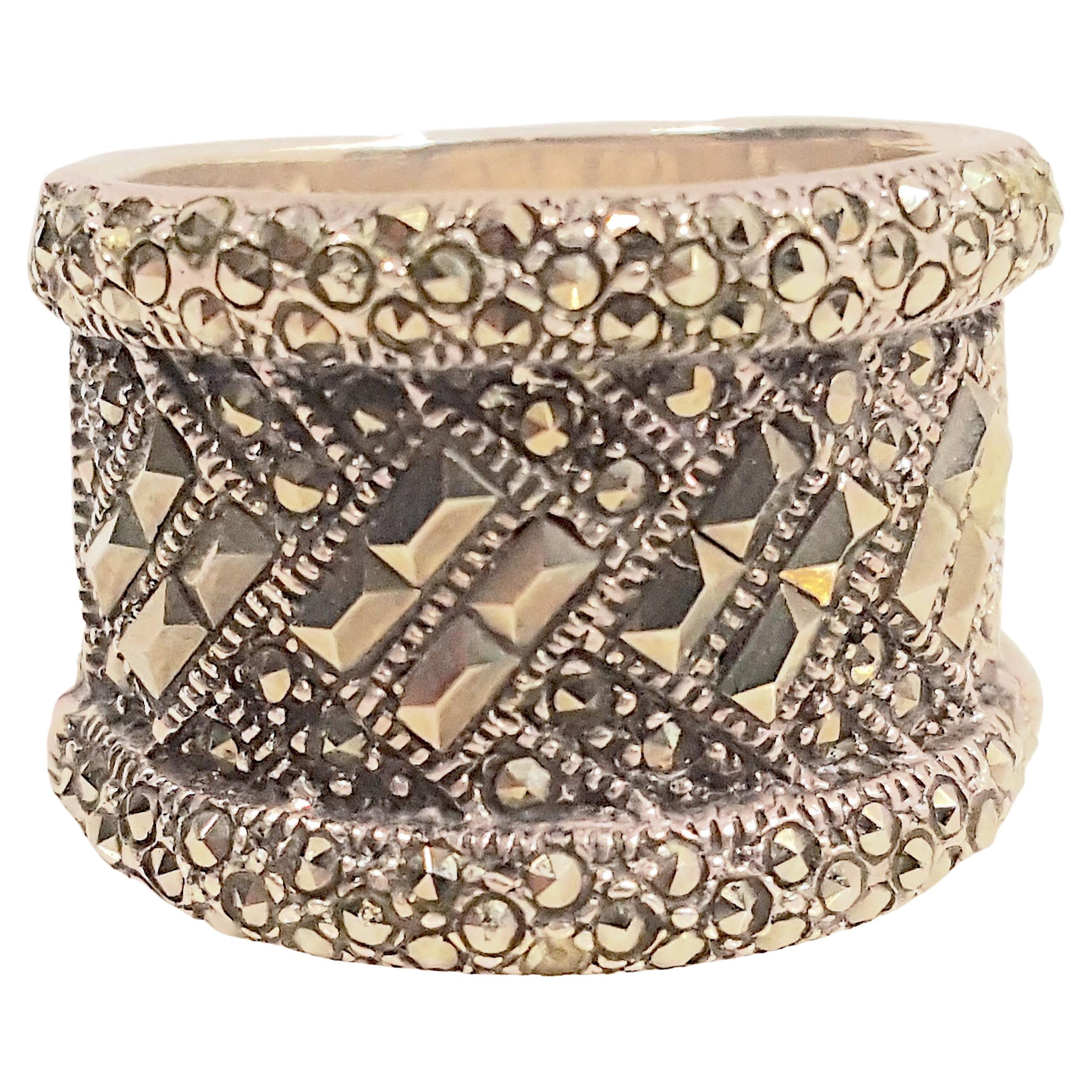 ArtDeco Marcasite&Pyrite Sparkly SterlingSilver GeometricWideFiligree Band Ring For Sale