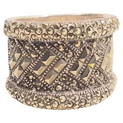 Art Deco ReneBoivin Style Sterling Silber MixedCutMarcasite DoubleRimWide Band Ring