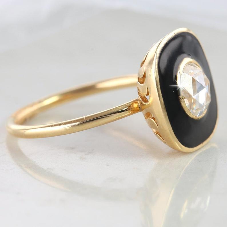 Art Deco Artdeco Style 0.66 Carat Rose Cut Diamond Gold Ring with Black Enameled For Sale