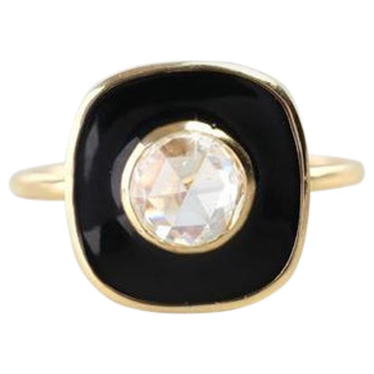 Artdeco Style 0.66 Carat Rose Cut Diamond Gold Ring with Black Enameled