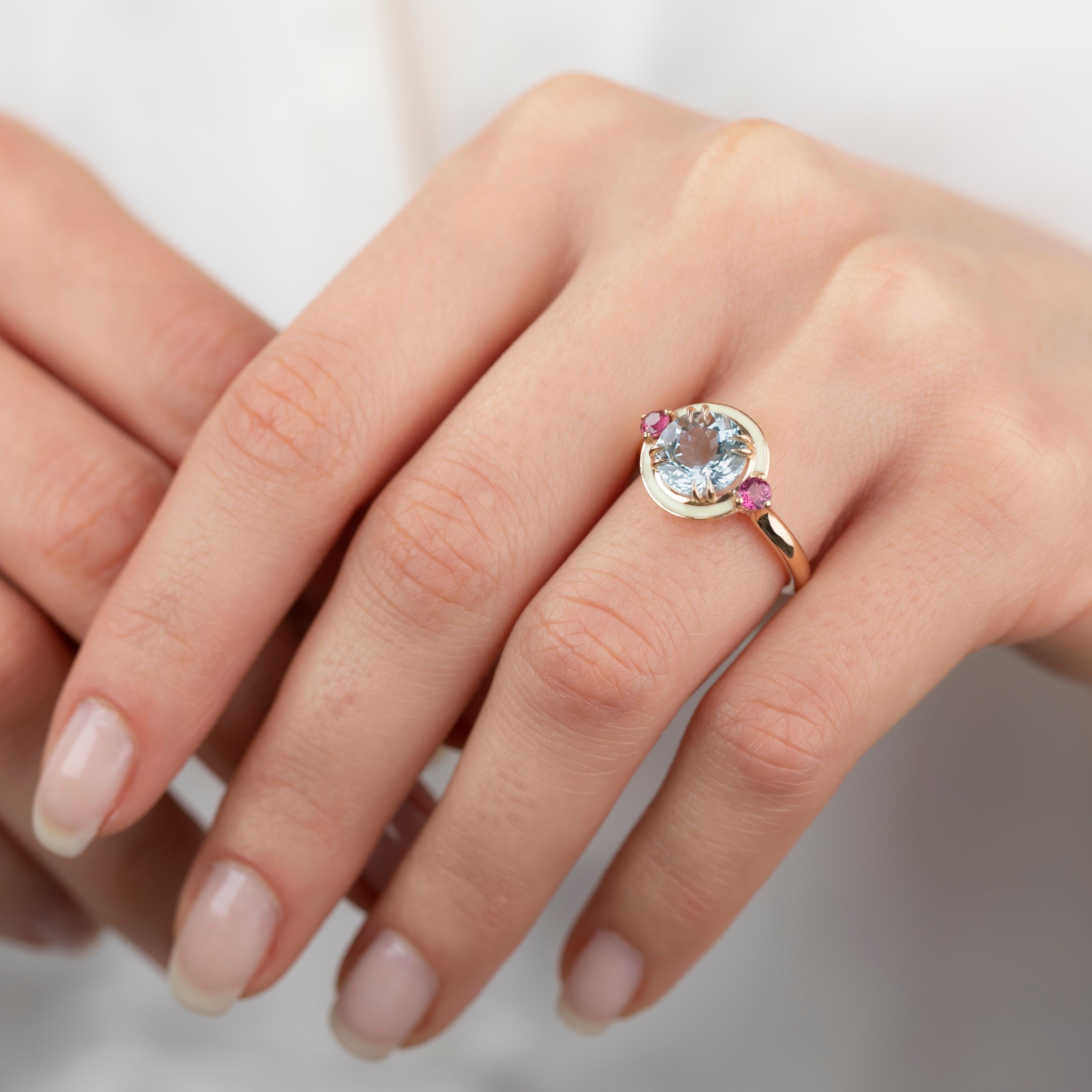 14k Solid Gold Artdeco Style 3 Carat Aquamarine and  Ruby Enemal Cocktail Ring For Sale 7