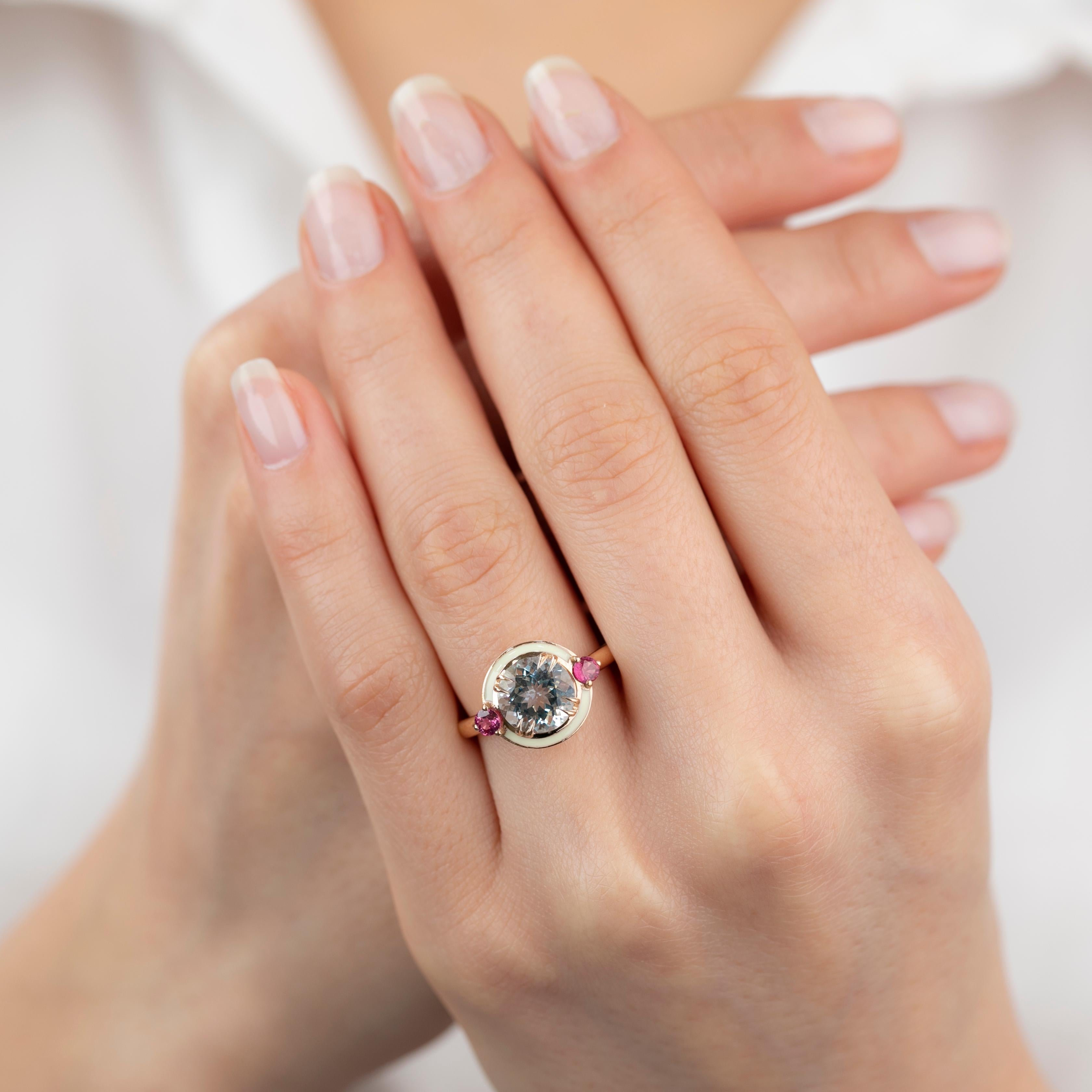 14k Solid Gold Artdeco Style 3 Carat Aquamarine and  Ruby Enemal Cocktail Ring For Sale 8