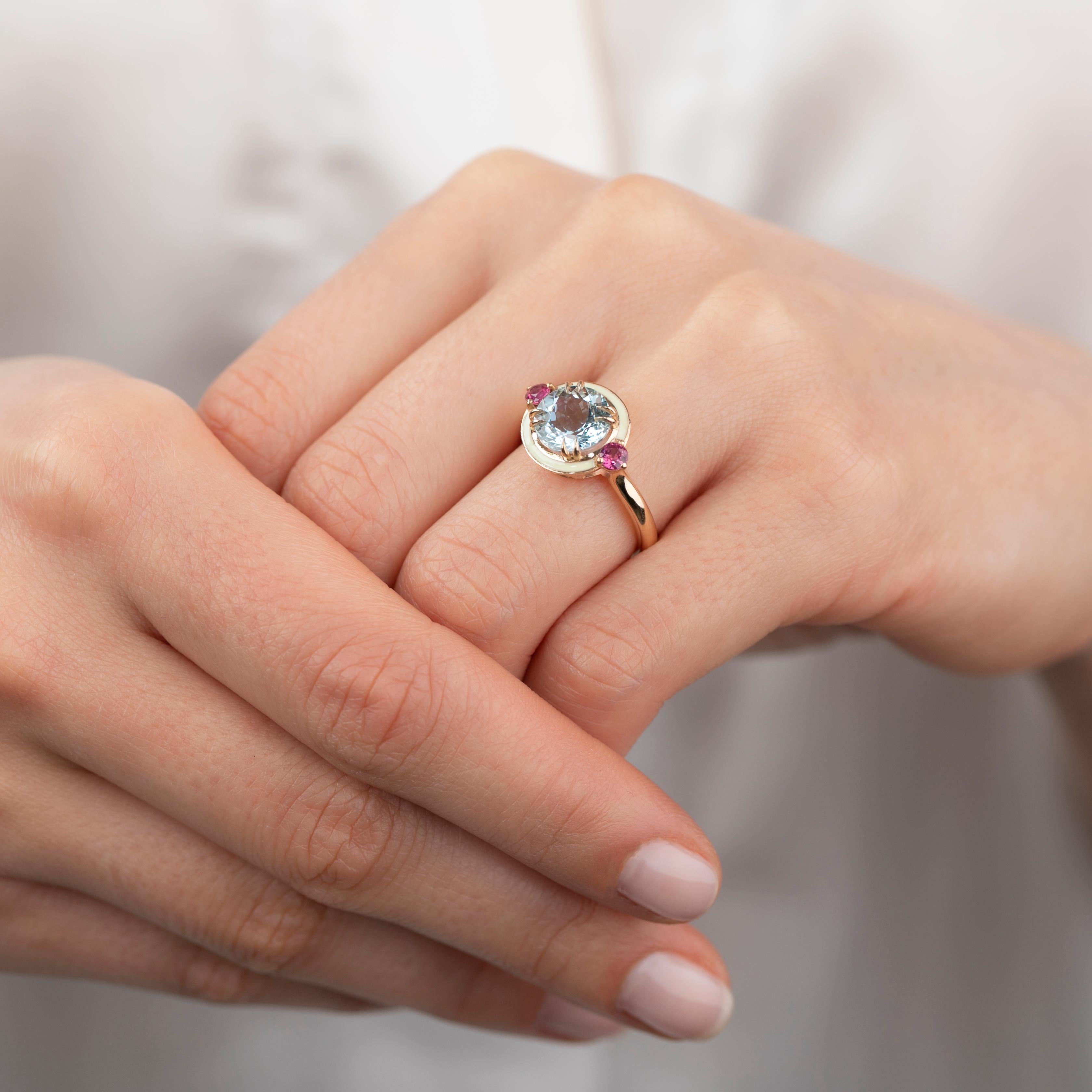 14k Solid Gold Artdeco Style 3 Carat Aquamarine and  Ruby Enemal Cocktail Ring For Sale 9