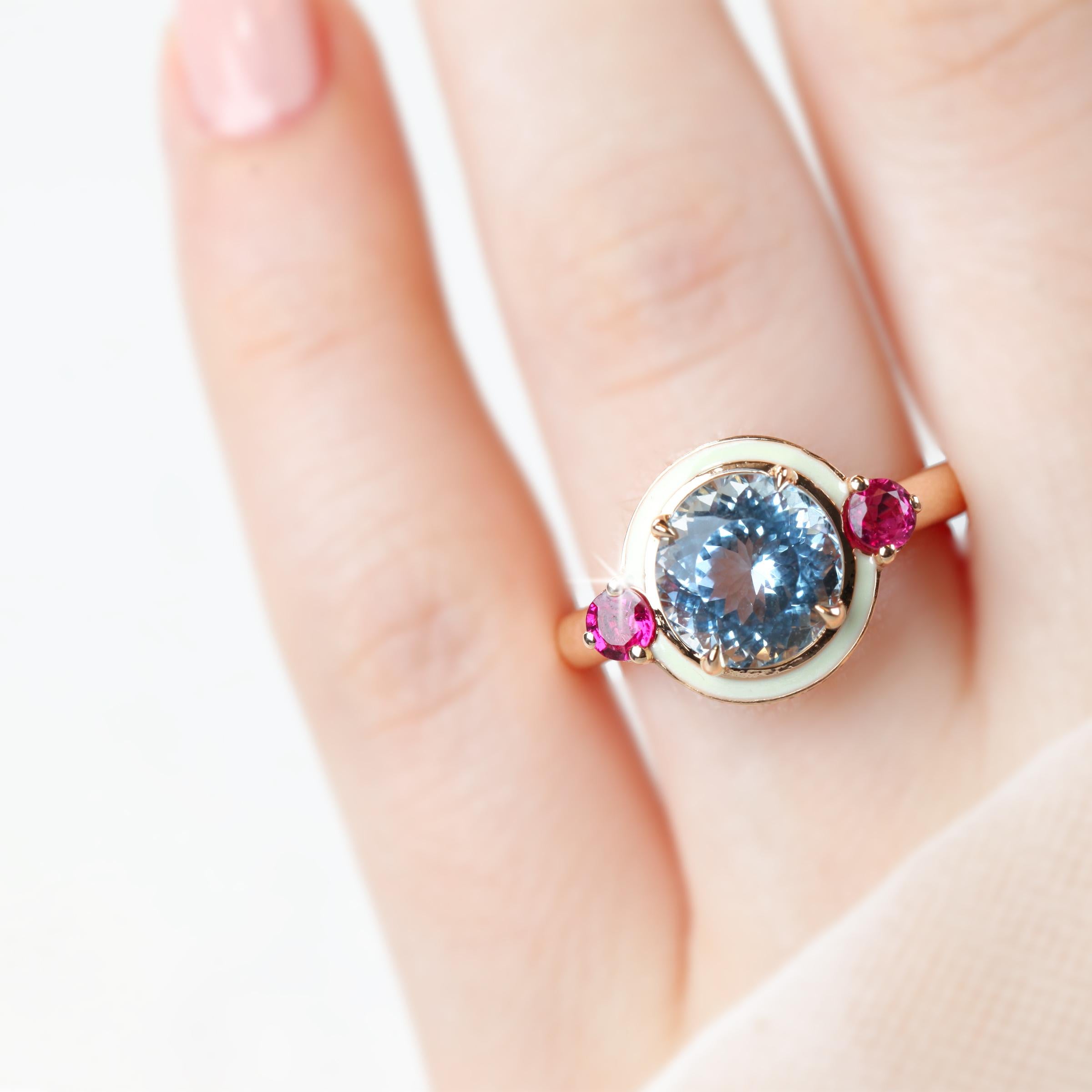 14k Solid Gold Artdeco Style 3 Carat Aquamarine and  Ruby Enemal Cocktail Ring For Sale 3