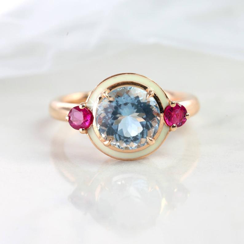 14k Solid Gold Artdeco Style 3 Carat Aquamarine and  Ruby Enemal Cocktail Ring For Sale 1