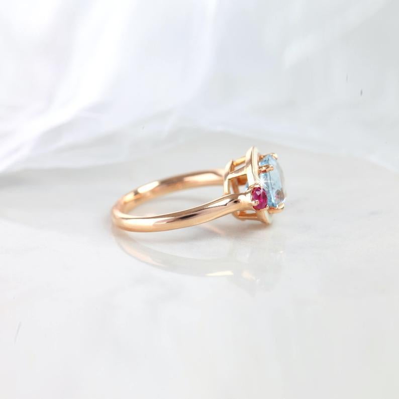 14k Solid Gold Artdeco Style 3 Carat Aquamarine and  Ruby Enemal Cocktail Ring For Sale 4