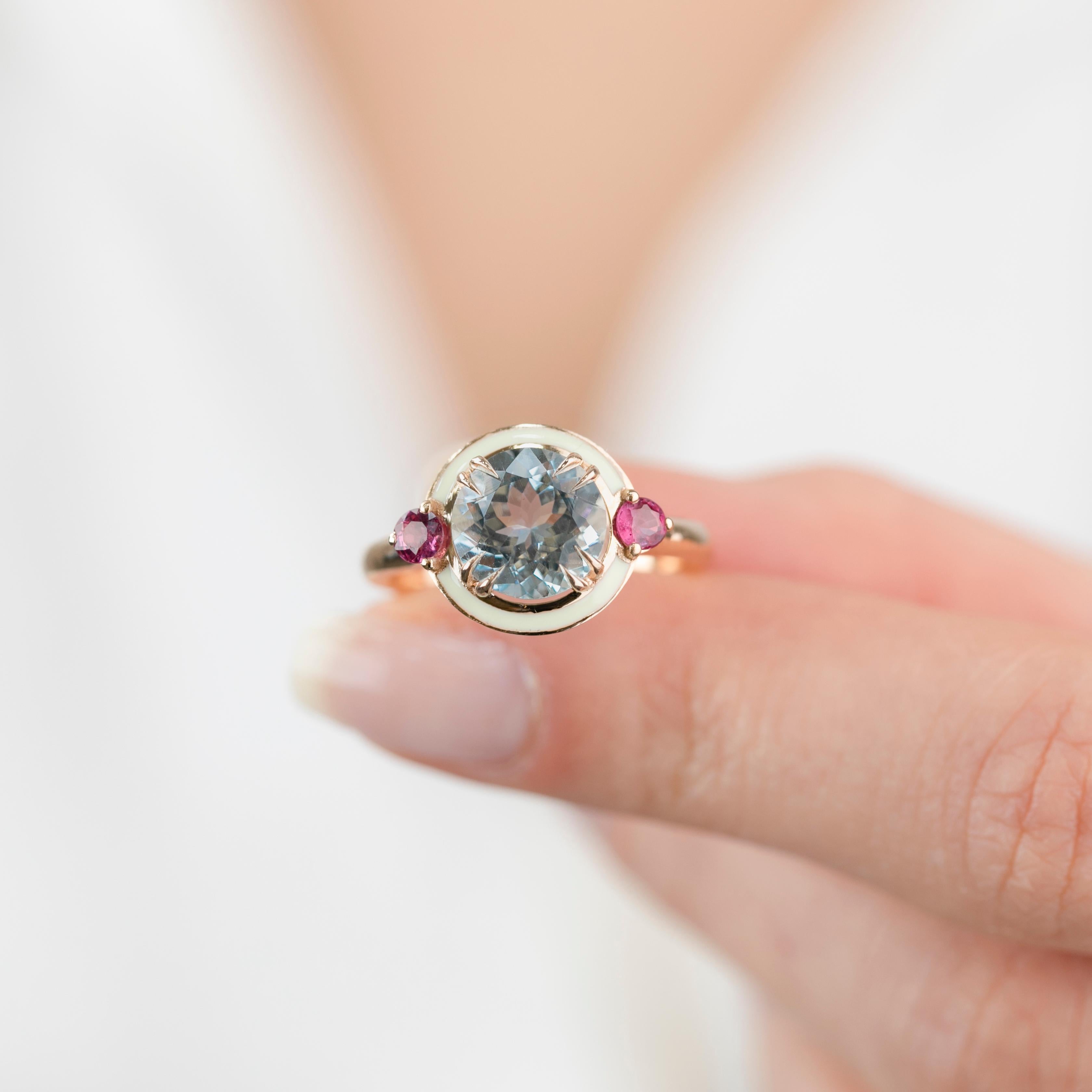 14k Solid Gold Artdeco Style 3 Carat Aquamarine and  Ruby Enemal Cocktail Ring For Sale 6