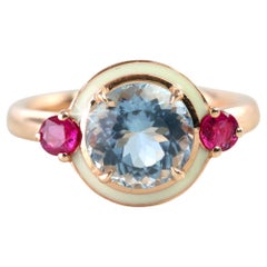 Anello cocktail in stile Artdeco con acquamarina da 3,04 carati e rubino smaltato da 0,38 carati