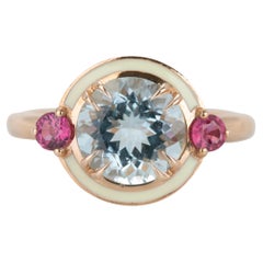 14k Solid Gold Artdeco Style 3 Carat Aquamarine and  Ruby Enemal Cocktail Ring