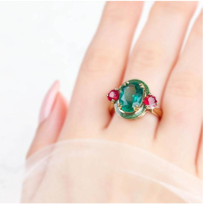 Emerald Cut 14k Solid Gold Vintage Emerald Cocktail Rings, Art Deco Gemstone Jewelry Ring For Sale