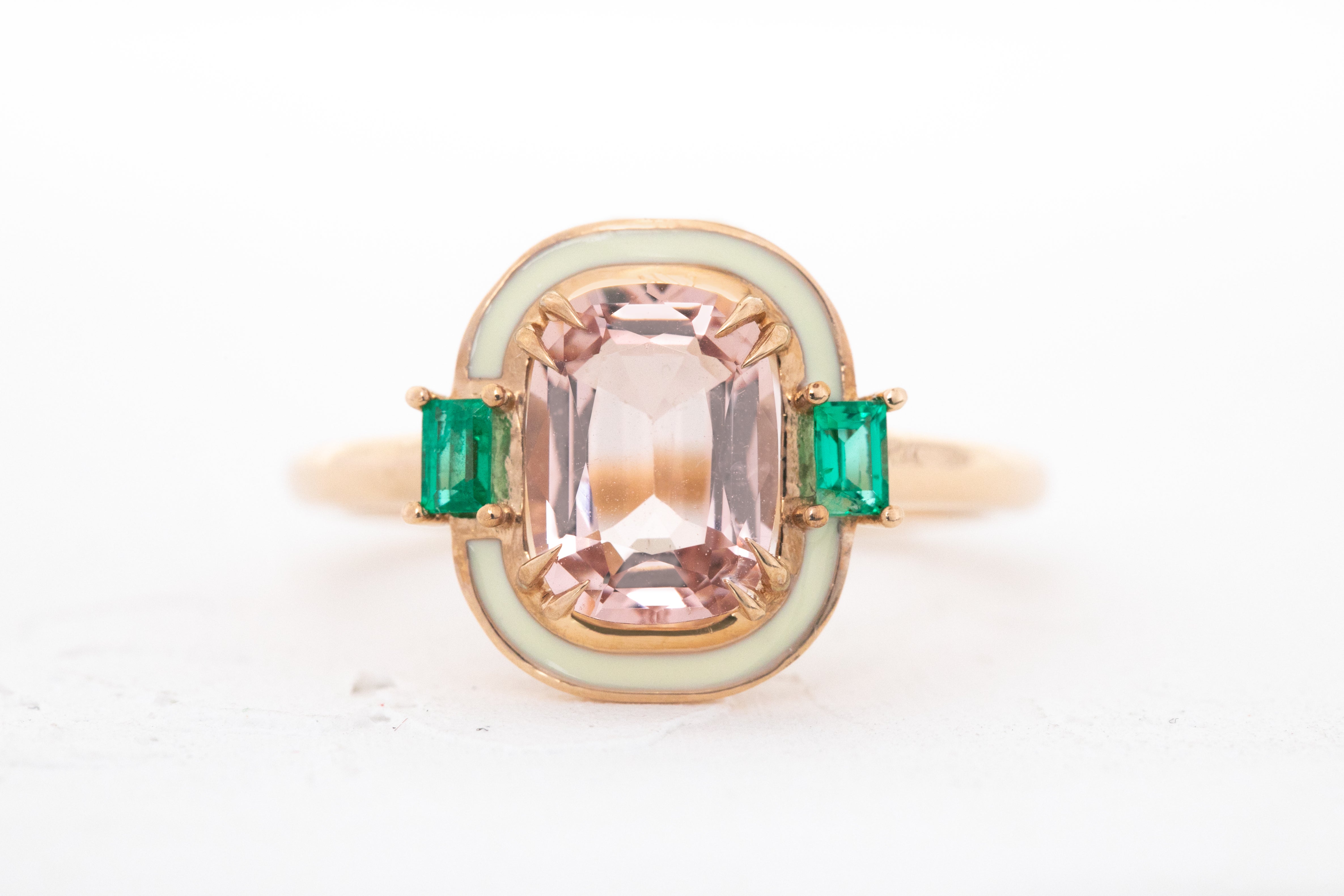 For Sale:  Artdeco Style, Enameled 14k Gold Morganite and Emerald Cocktail Ring 2