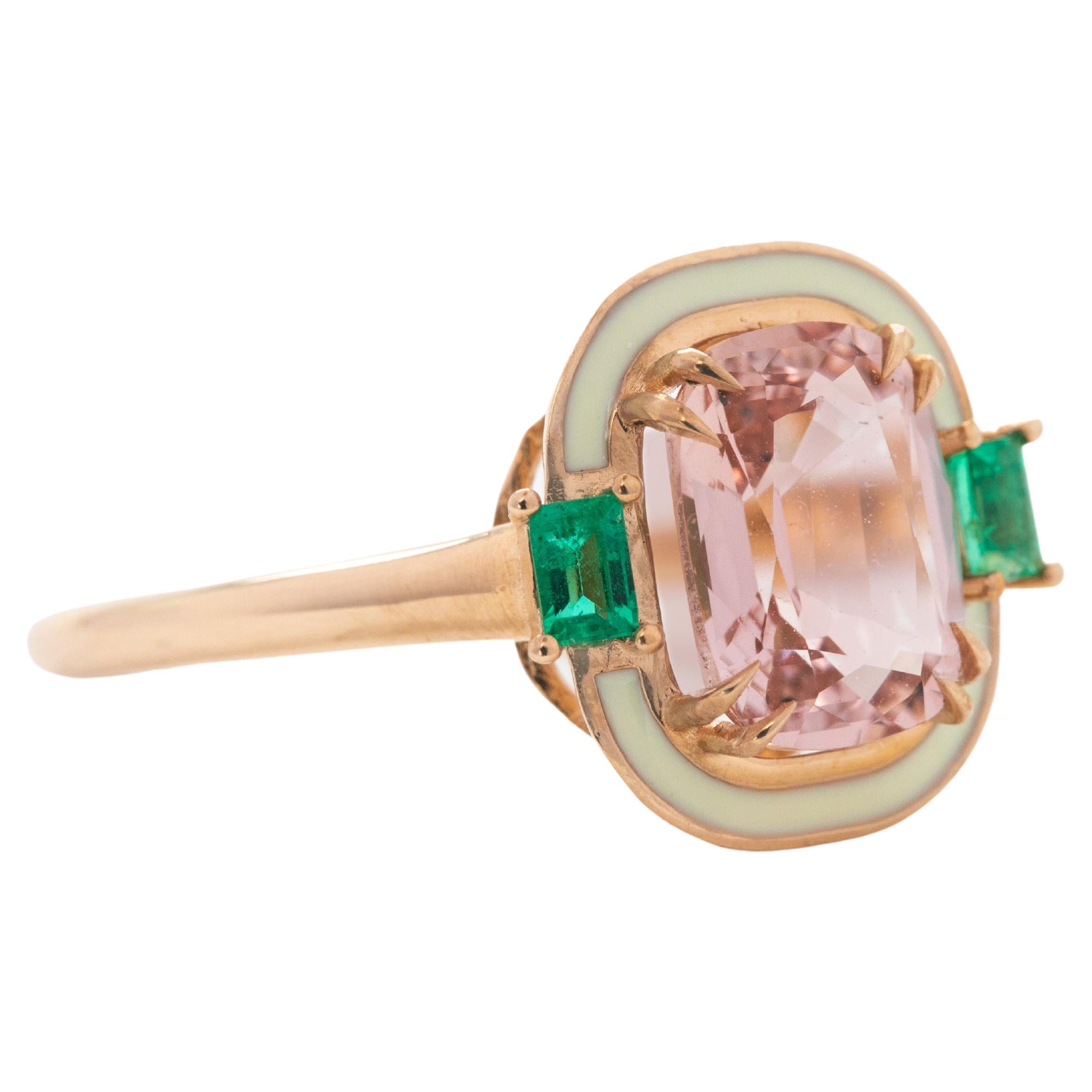 For Sale:  Artdeco Style, Enameled 14k Gold Morganite and Emerald Cocktail Ring 3