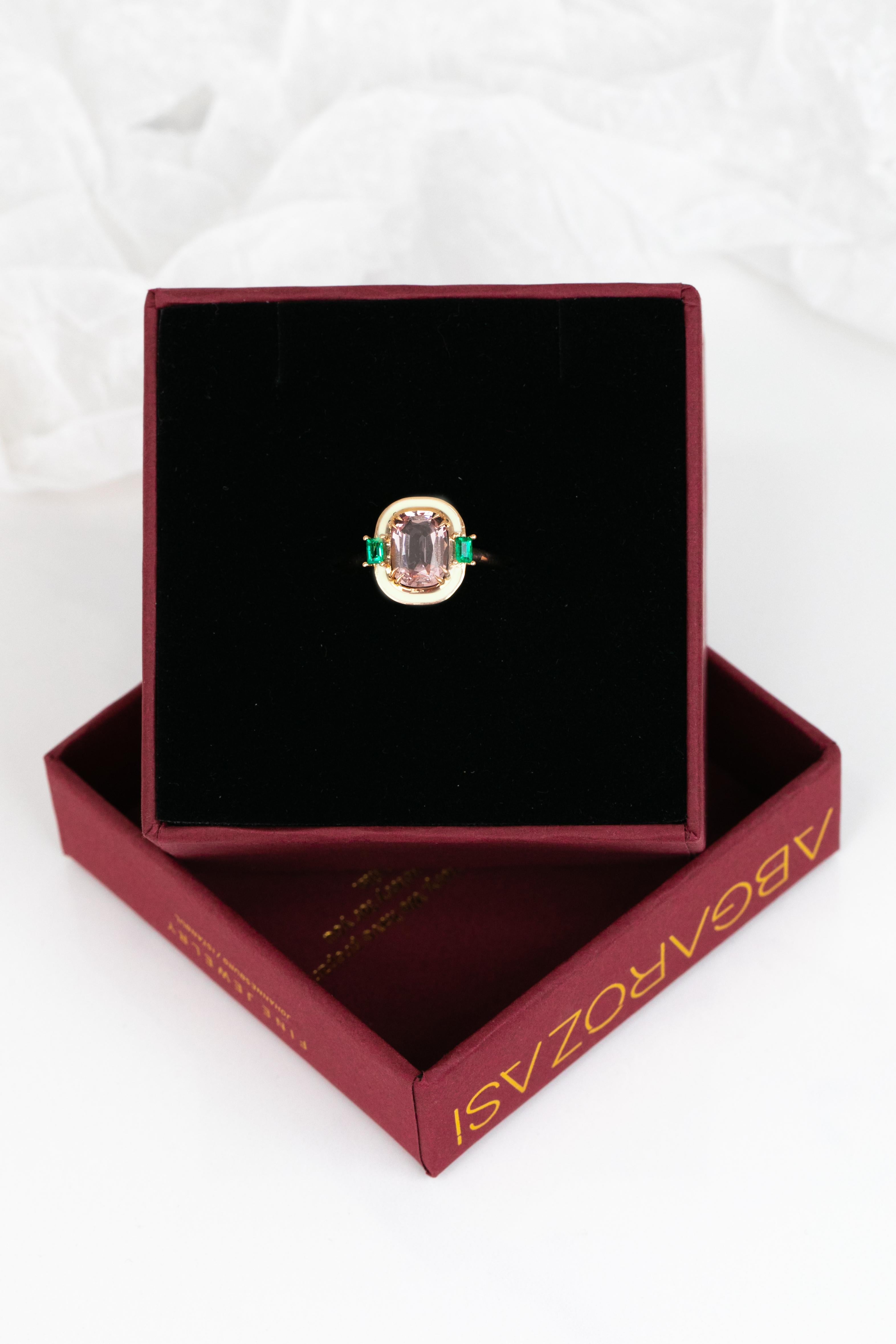 For Sale:  Artdeco Style, Enameled 14k Gold Morganite and Emerald Cocktail Ring 4
