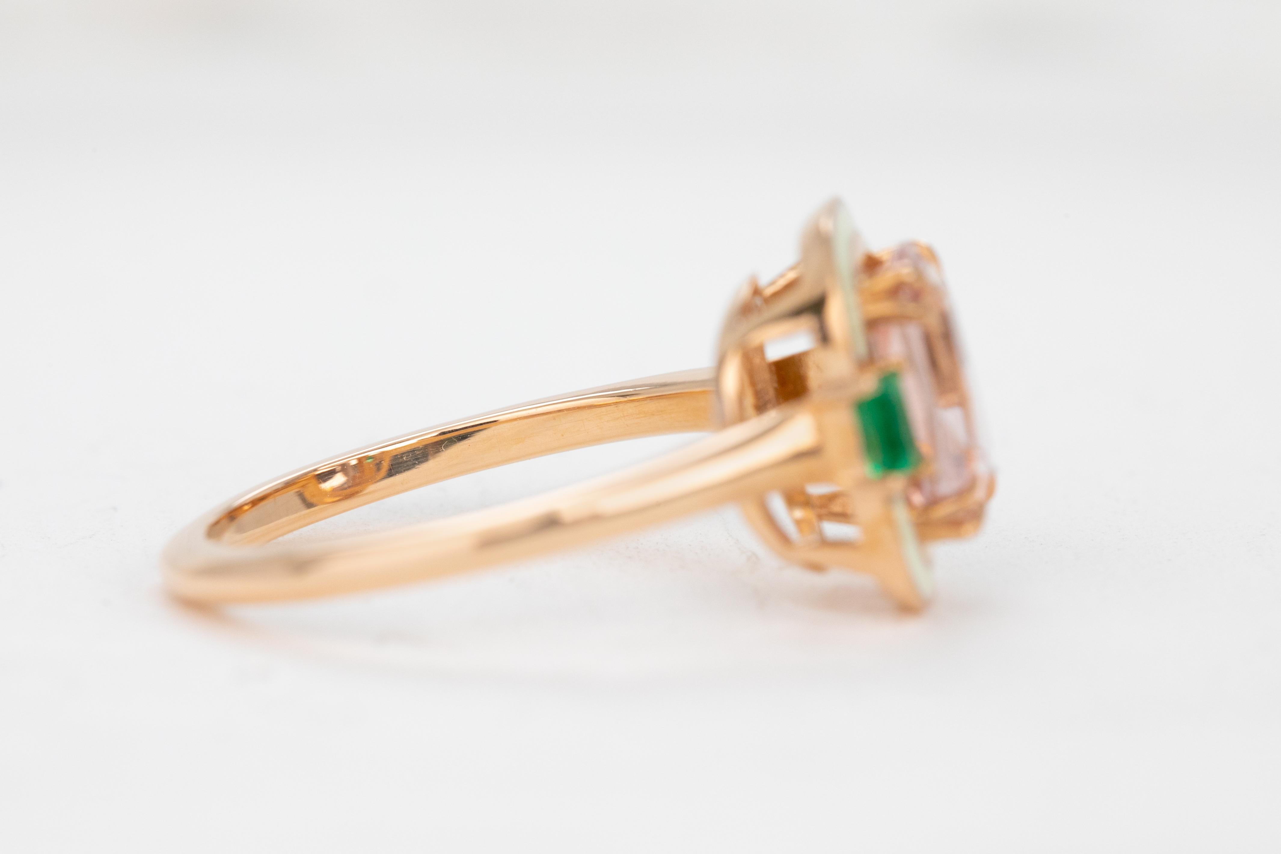 For Sale:  Artdeco Style, Enameled 14k Gold Morganite and Emerald Cocktail Ring 5