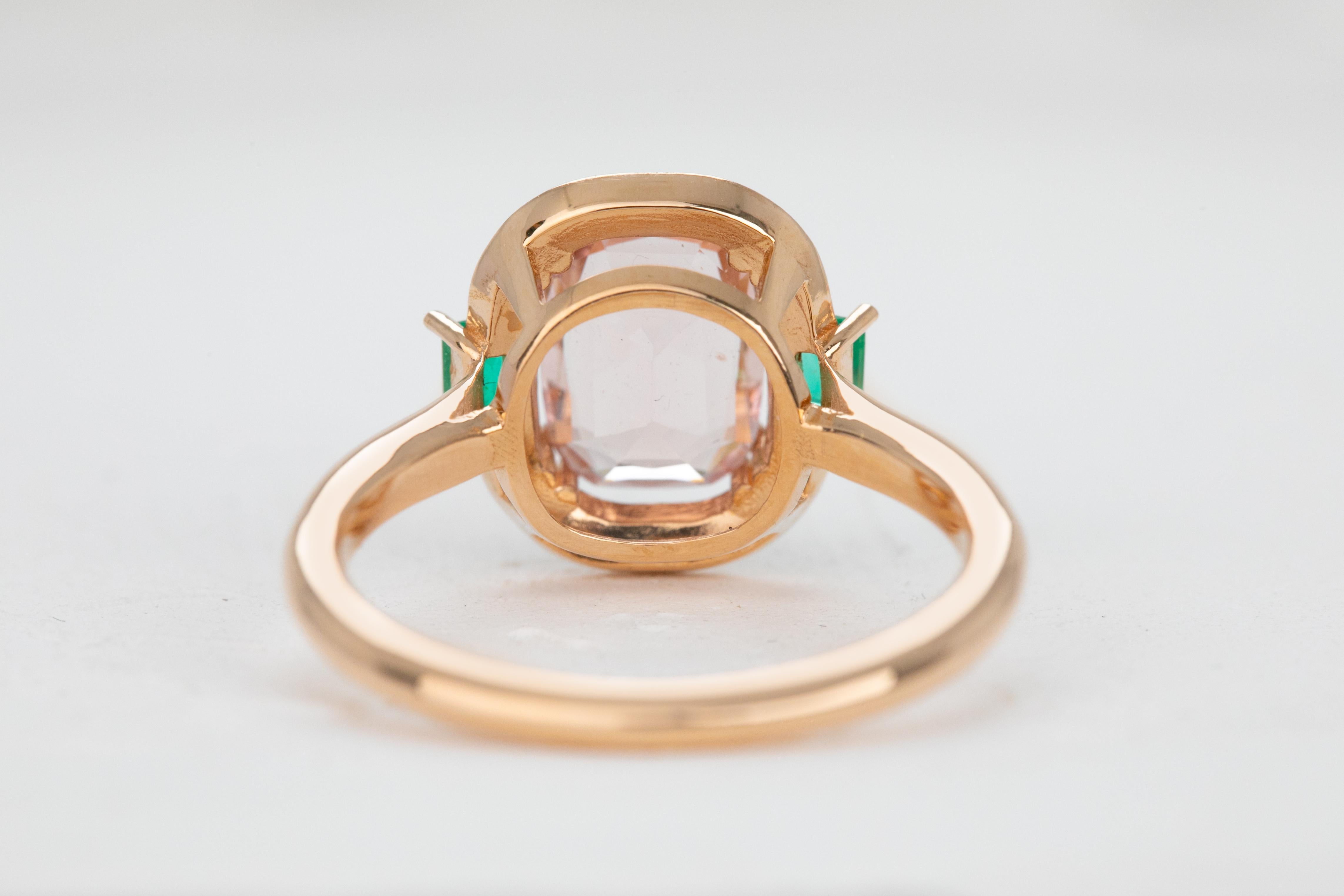 For Sale:  Artdeco Style, Enameled 14k Gold Morganite and Emerald Cocktail Ring 6