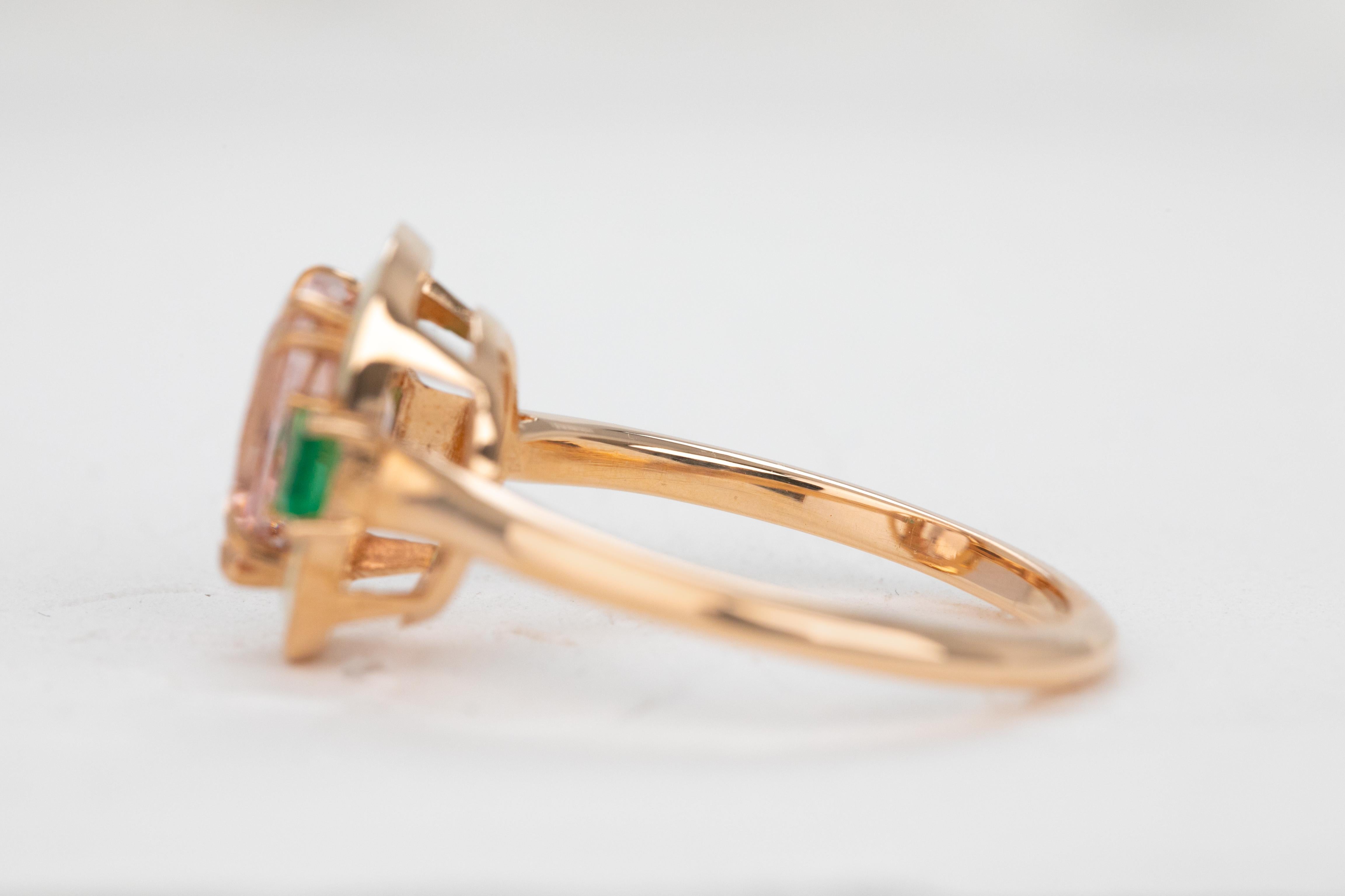 For Sale:  Artdeco Style, Enameled 14k Gold Morganite and Emerald Cocktail Ring 7