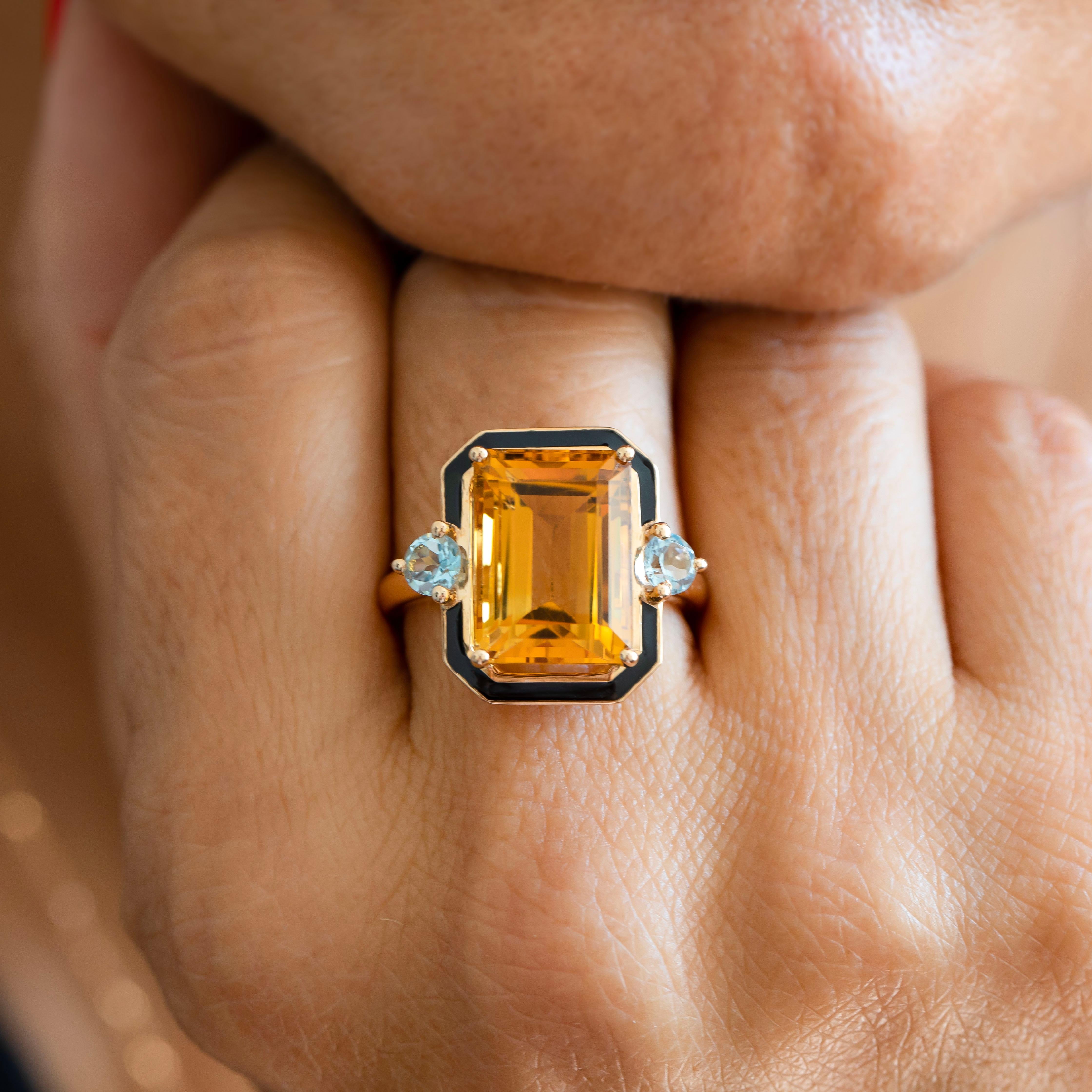 Art Deco Artdeco Style Enameled Citrine Ring, Sky Topaz Stone 14K Gold Ring For Sale
