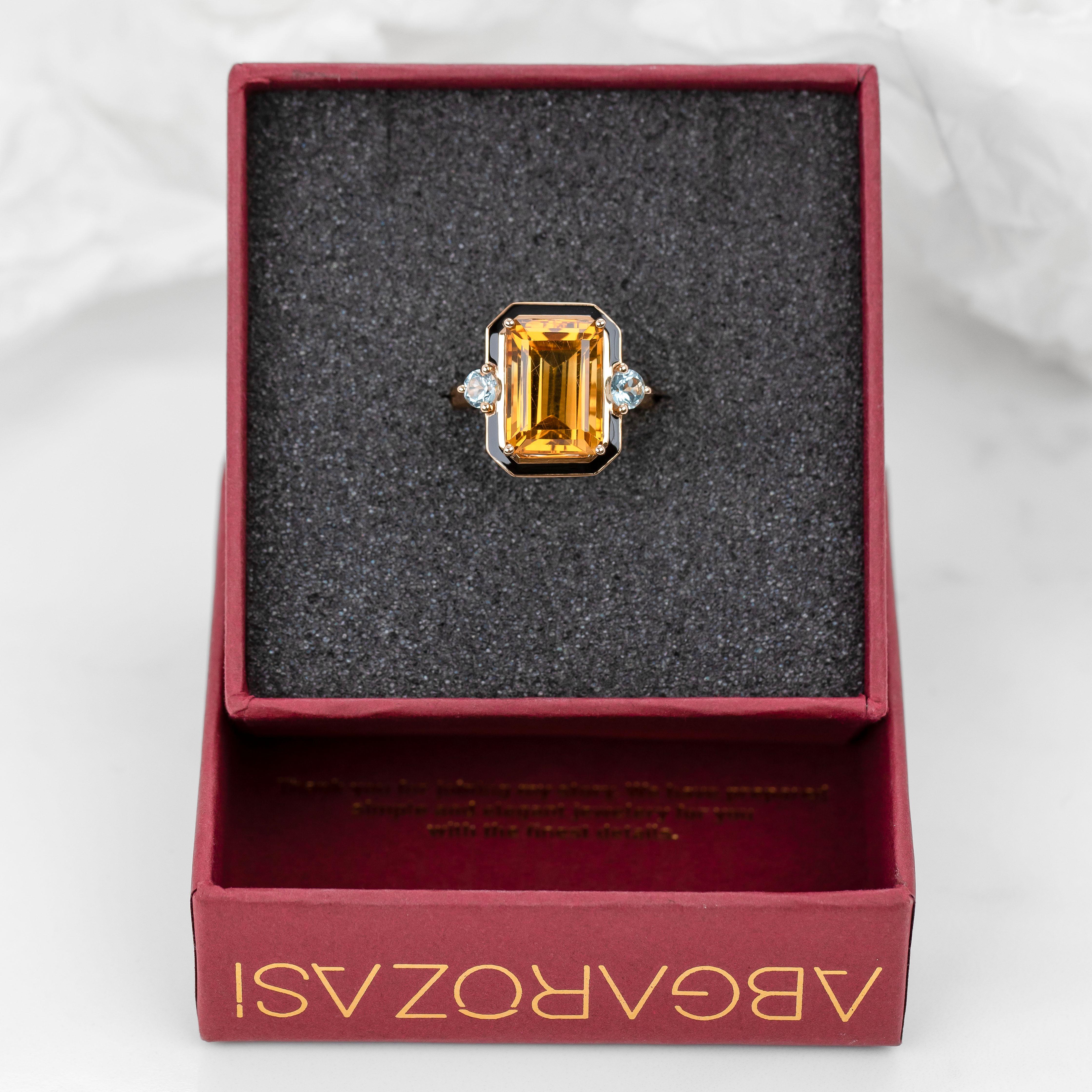 Emerald Cut Artdeco Style Enameled Citrine Ring, Sky Topaz Stone 14K Gold Ring For Sale