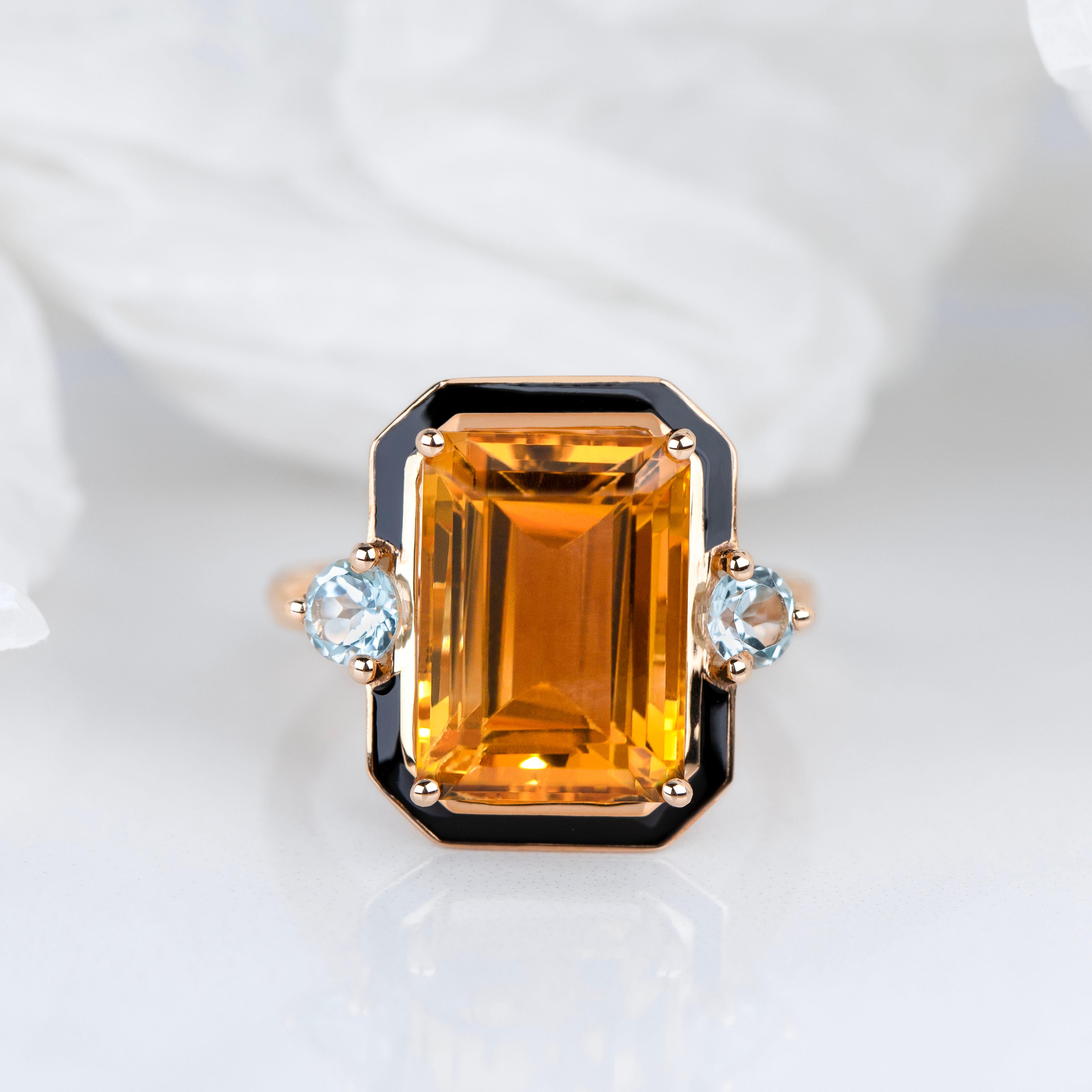 Artdeco Style Enameled Citrine Ring, Sky Topaz Stone 14K Gold Ring In New Condition For Sale In ISTANBUL, TR