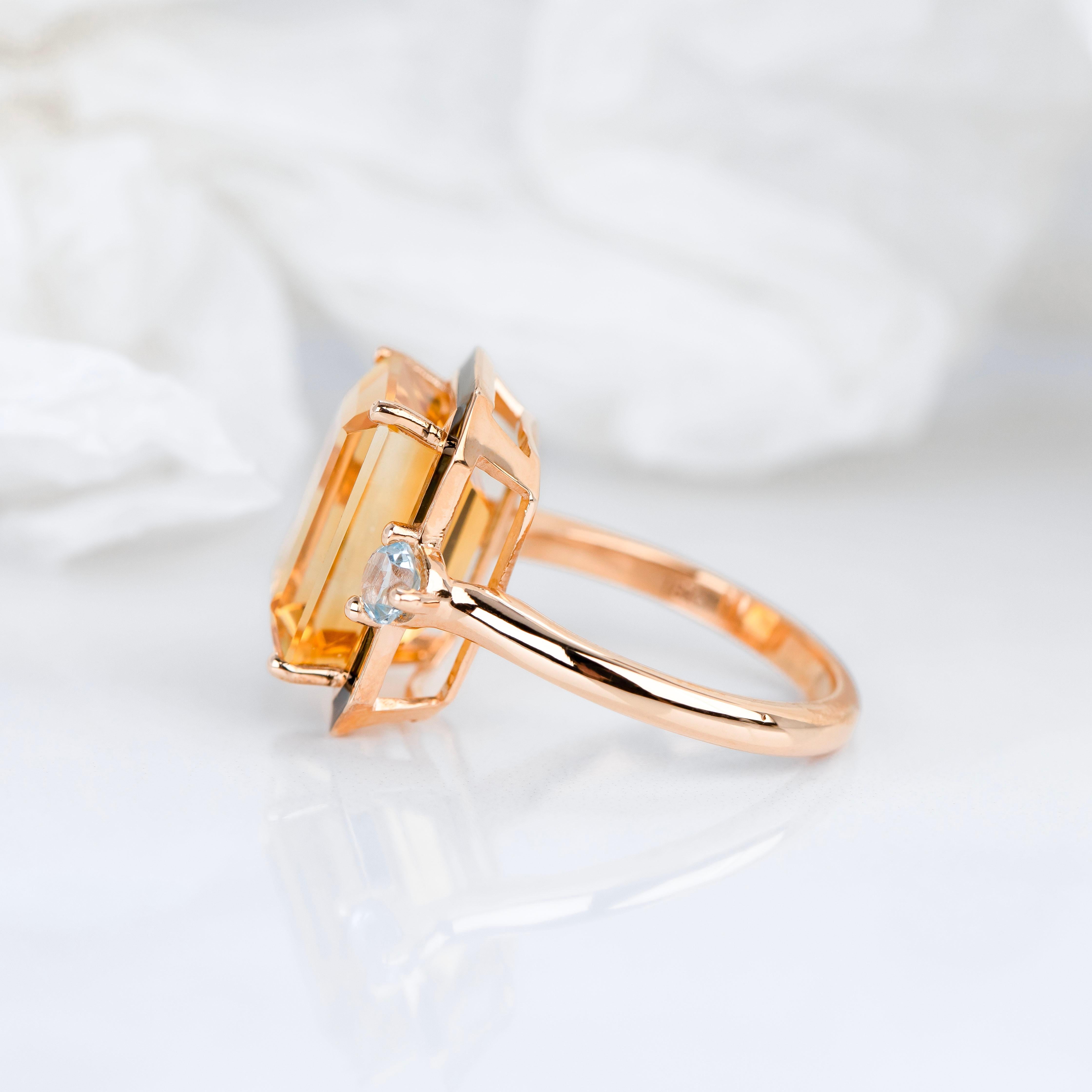 Women's Artdeco Style Enameled Citrine Ring, Sky Topaz Stone 14K Gold Ring For Sale