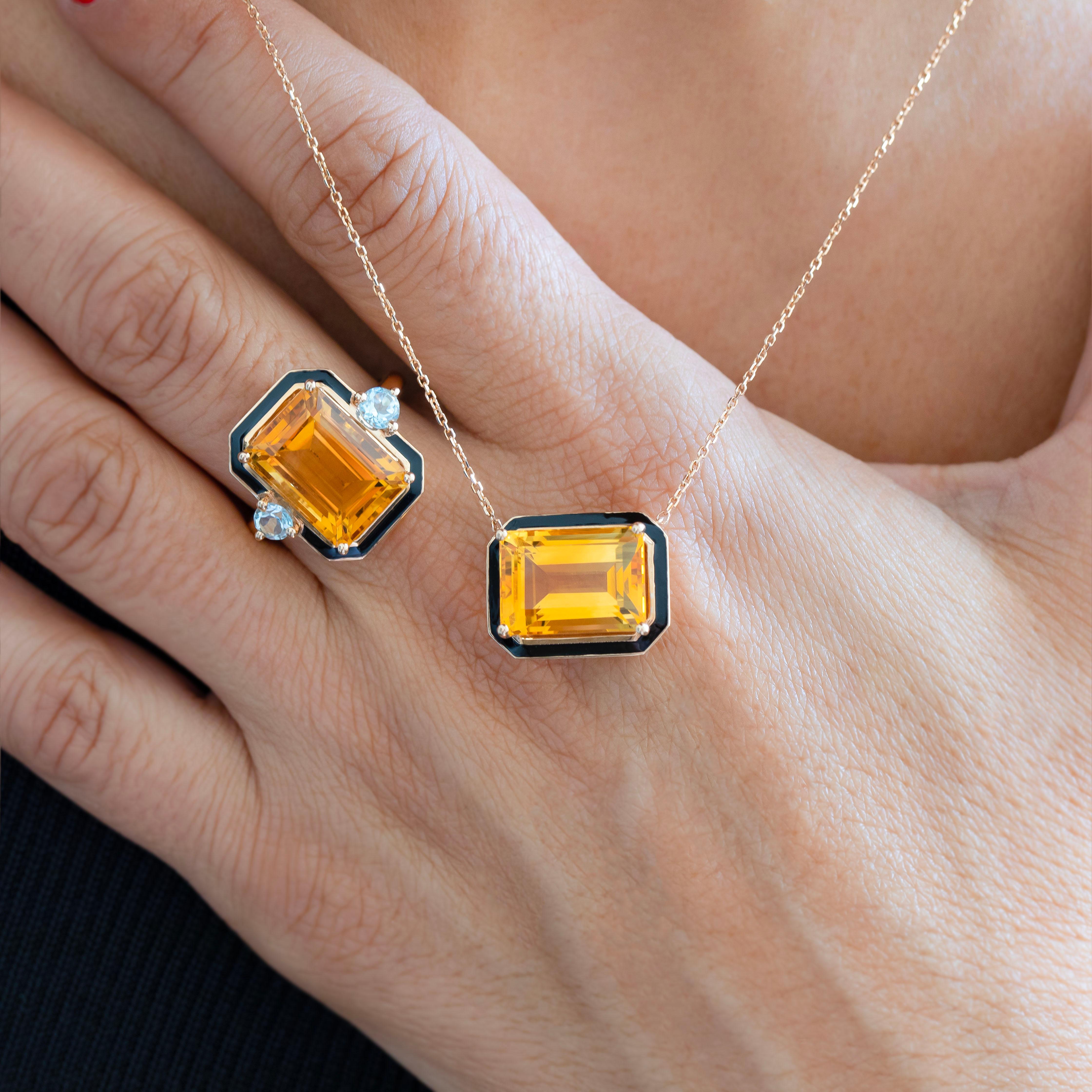 Artdeco Style Enameled Citrine Ring, Sky Topaz Stone 14K Gold Ring For Sale 2