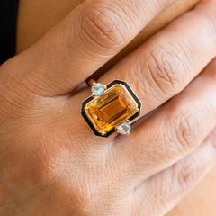 Artdeco Style Enameled Citrine Ring, Sky Topaz Stone 925 Silver Ring