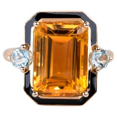 Anello con citrino smaltato in stile Artdeco, anello in argento 925 con pietra di topazio celeste