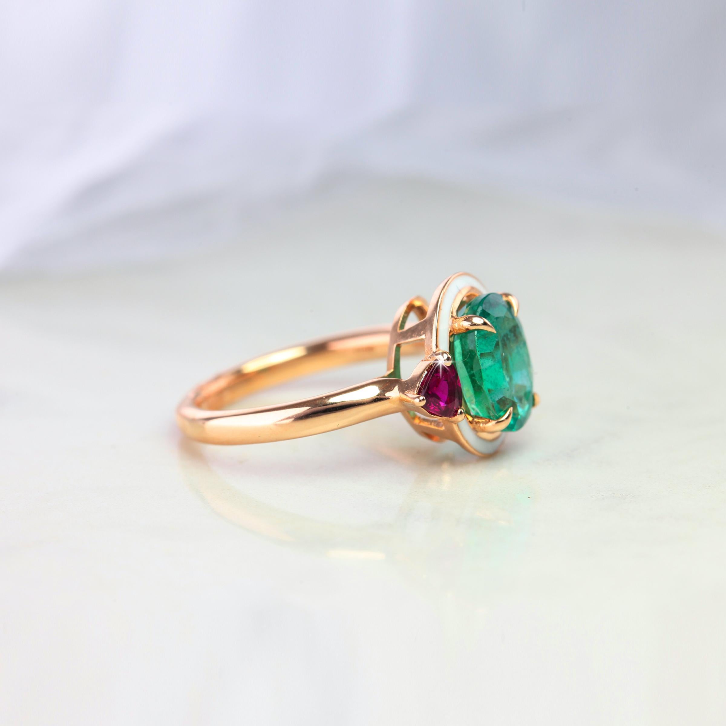 Artdeco Style Emerald Ring, Artdeco Style Oval Emerald And Ruby With White Enameled Statement Ring, Engagement Ring, Statement Ring created by hands with great honour.
I used brillant ruby to reveal emerald stone. I completed these in 14K solid