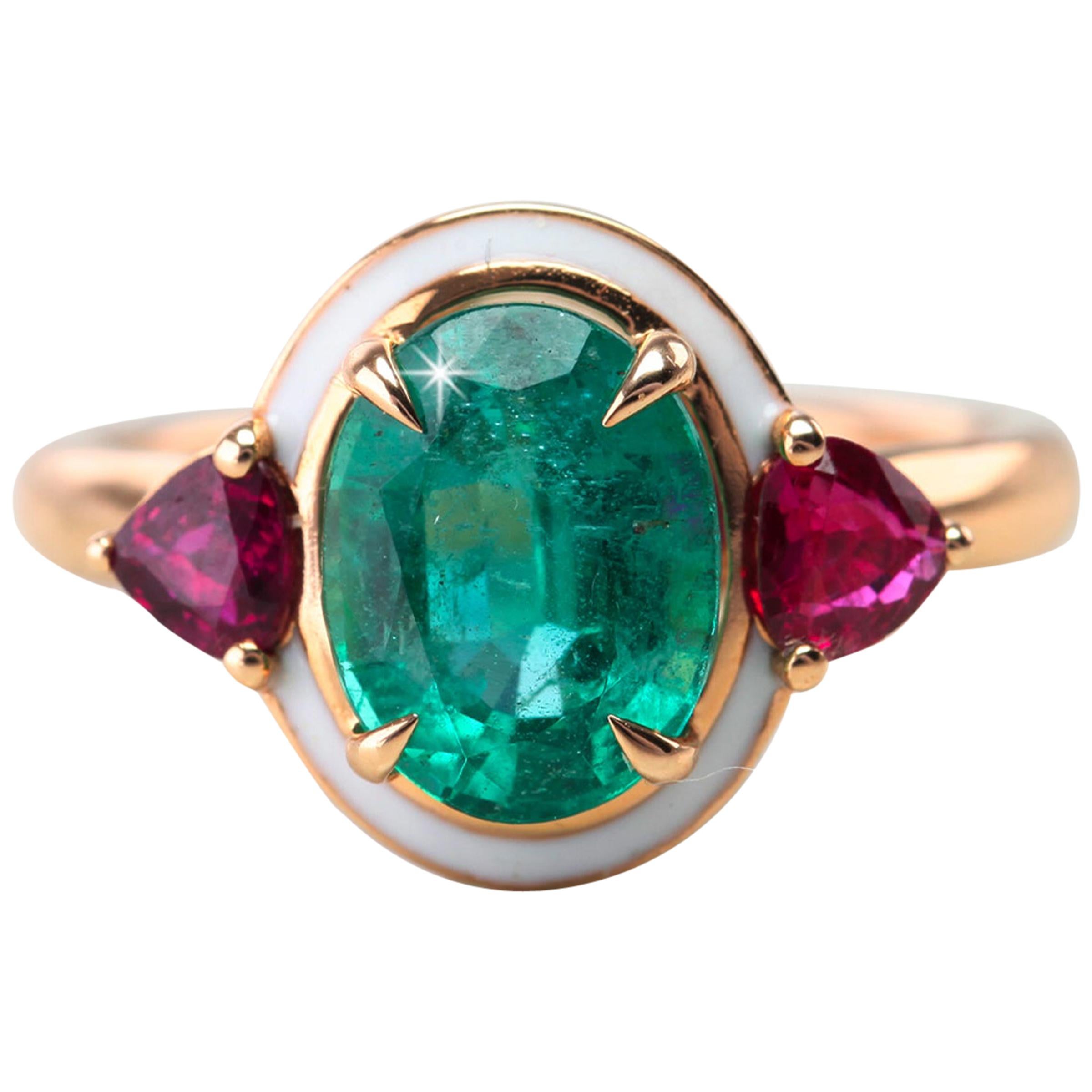 Artdeco Style Oval Emerald and Ruby with White Enameled Statement Ring