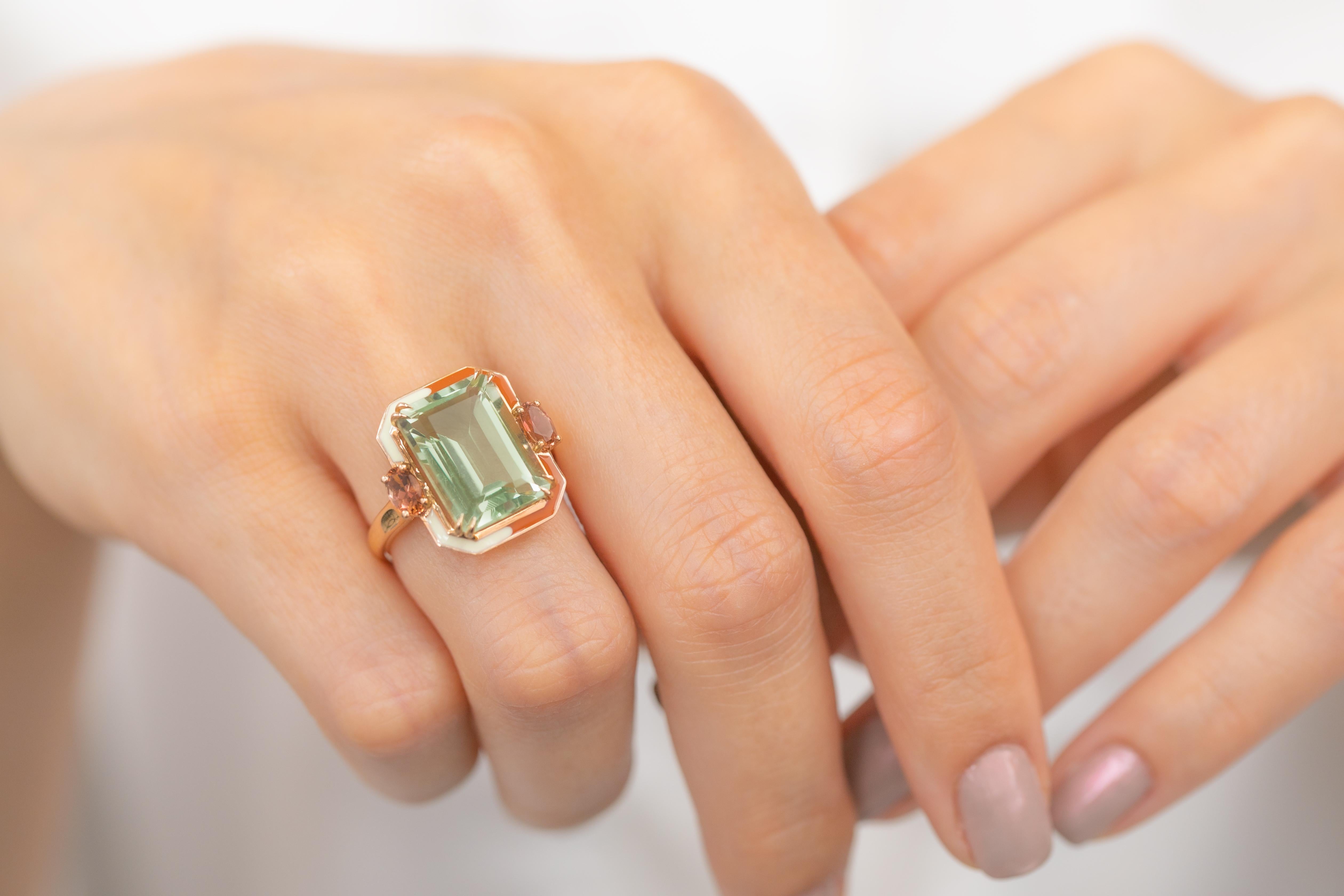 For Sale:  Artdeco Style Ring, 14k Solid Gold, Green Amethyst and Pink Tourmaline Stone Ring 10