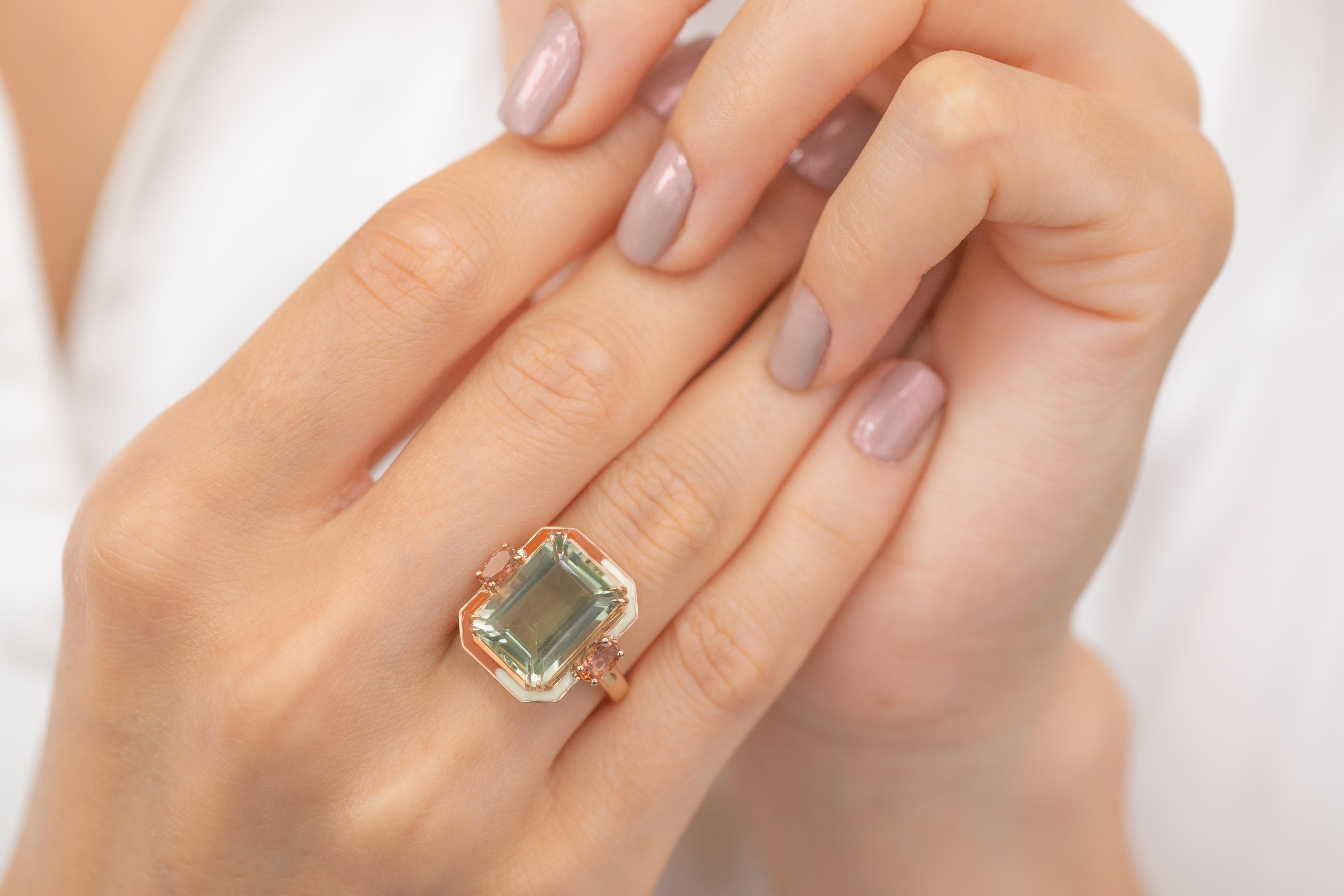 For Sale:  Artdeco Style Ring, 14k Solid Gold, Green Amethyst and Pink Tourmaline Stone Ring 11