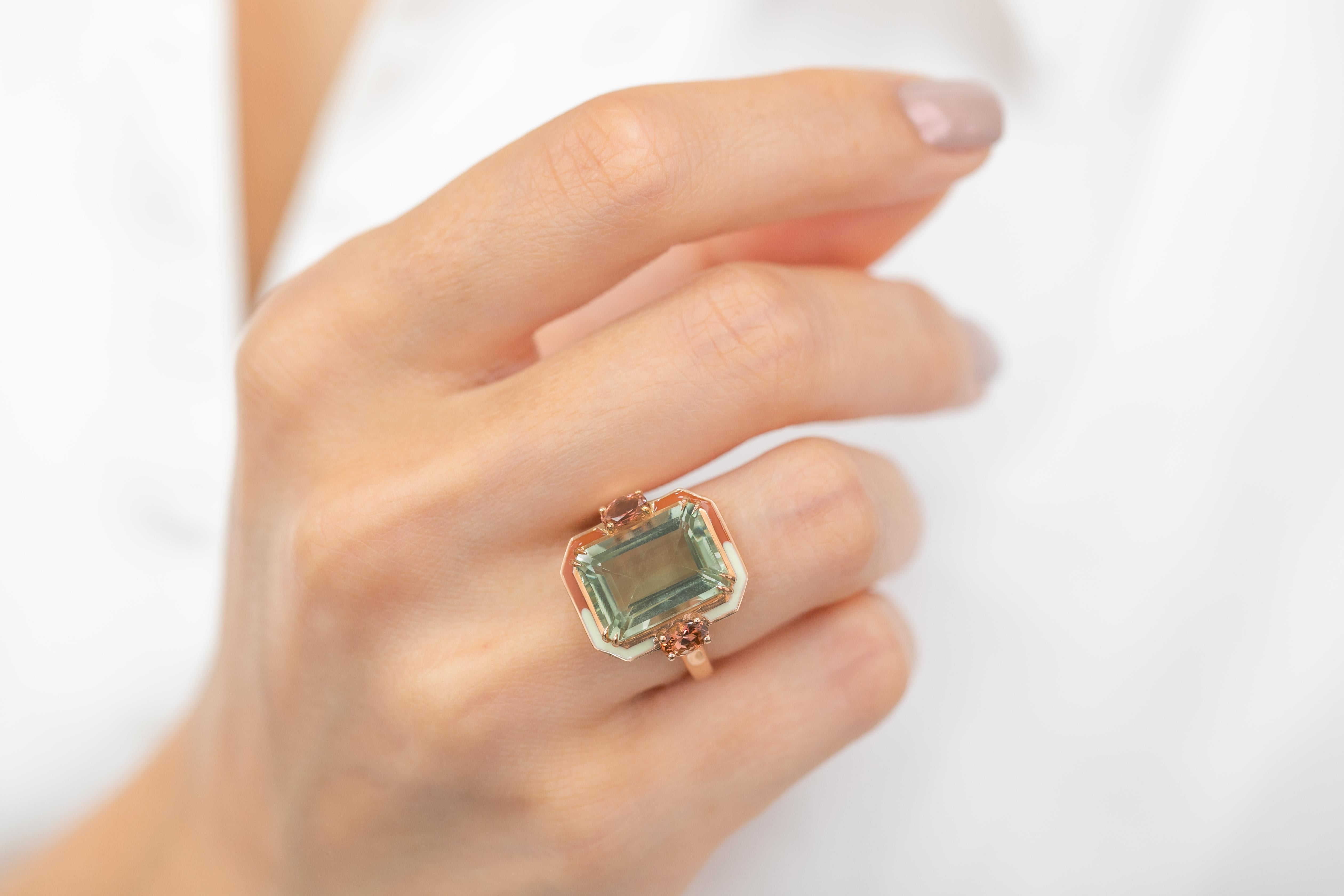 For Sale:  Artdeco Style Ring, 14k Solid Gold, Green Amethyst and Pink Tourmaline Stone Ring 12