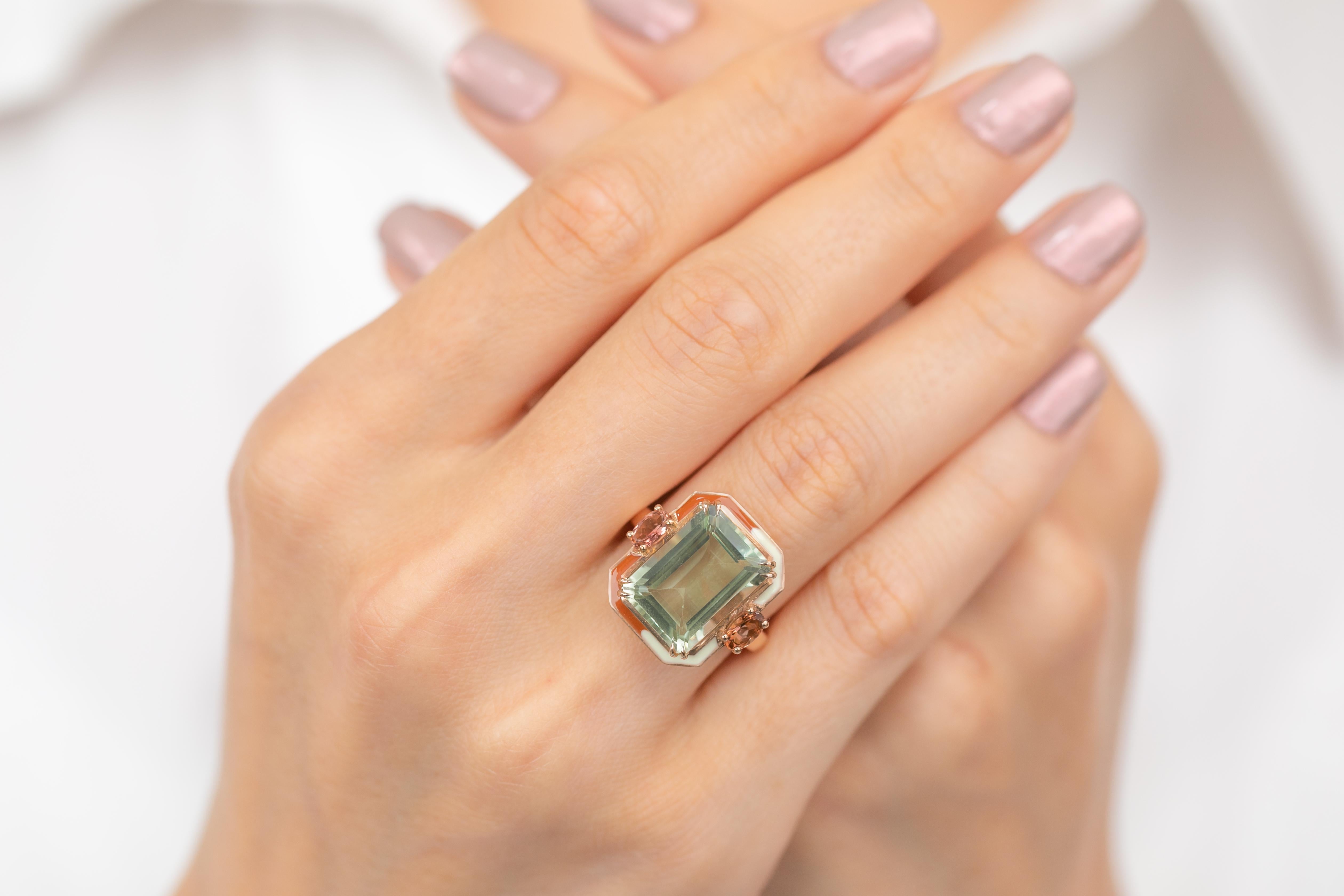 For Sale:  Artdeco Style Ring, 14k Solid Gold, Green Amethyst and Pink Tourmaline Stone Ring 14