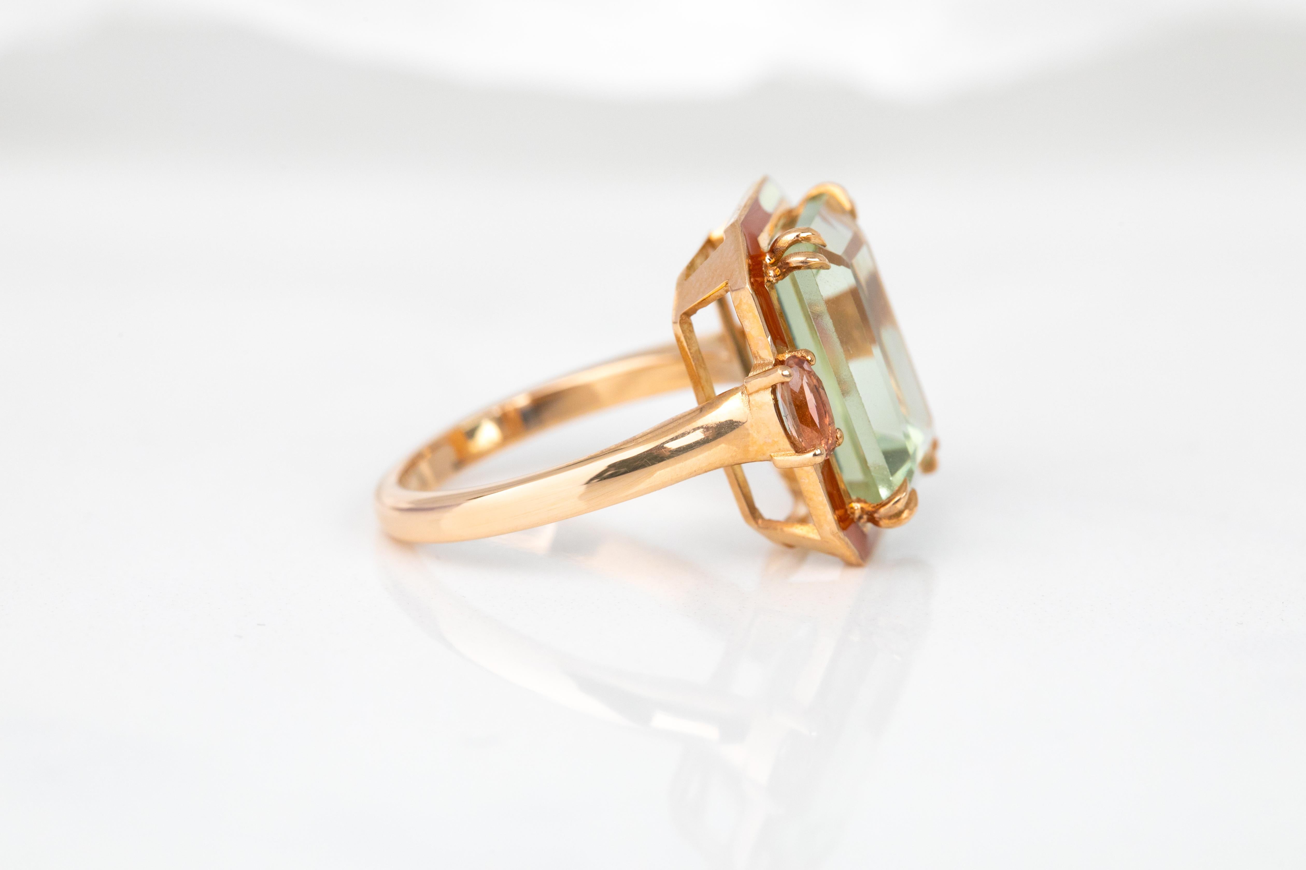 For Sale:  Artdeco Style Ring, 14k Solid Gold, Green Amethyst and Pink Tourmaline Stone Ring 16
