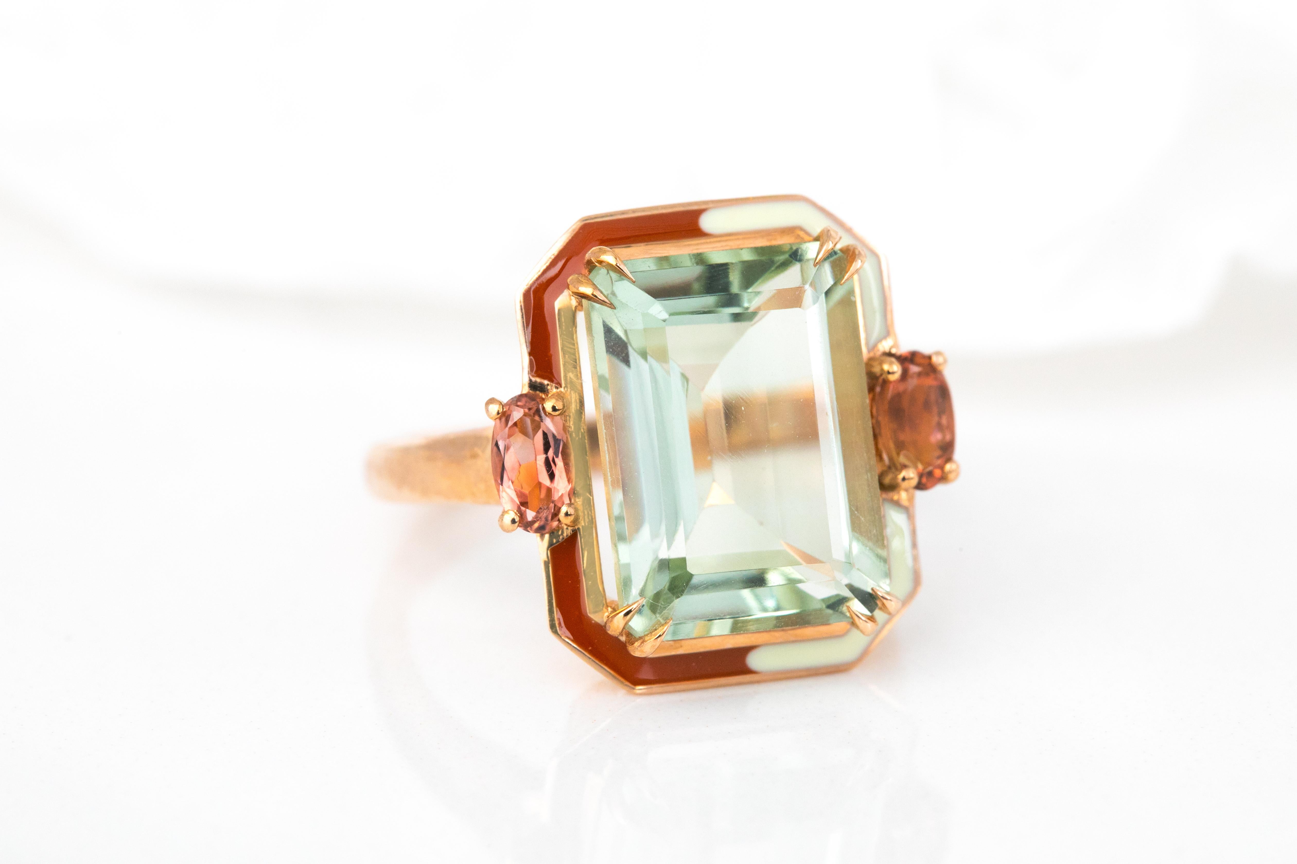For Sale:  Artdeco Style Ring, 14k Solid Gold, Green Amethyst and Pink Tourmaline Stone Ring 2