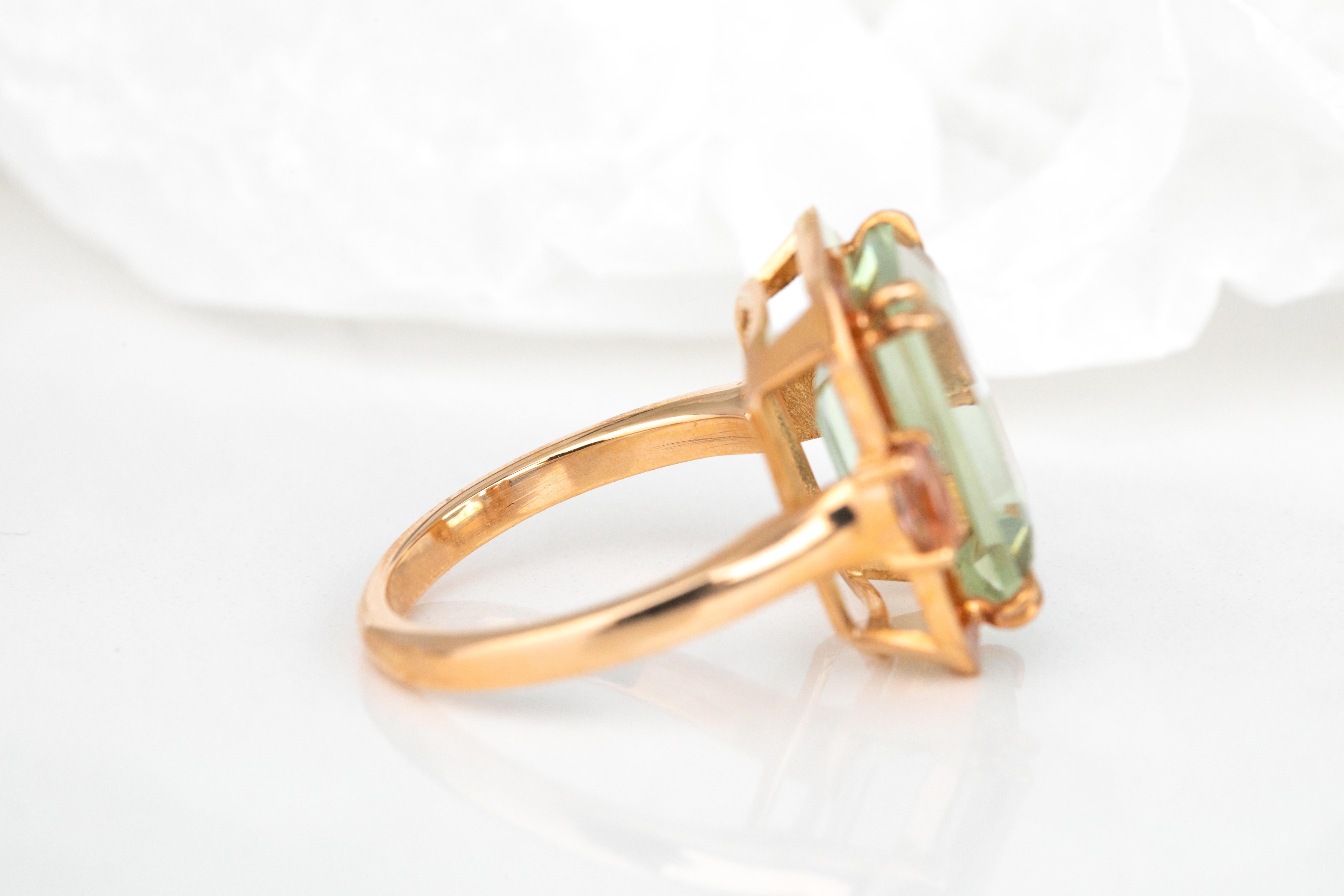 For Sale:  Artdeco Style Ring, 14k Solid Gold, Green Amethyst and Pink Tourmaline Stone Ring 3