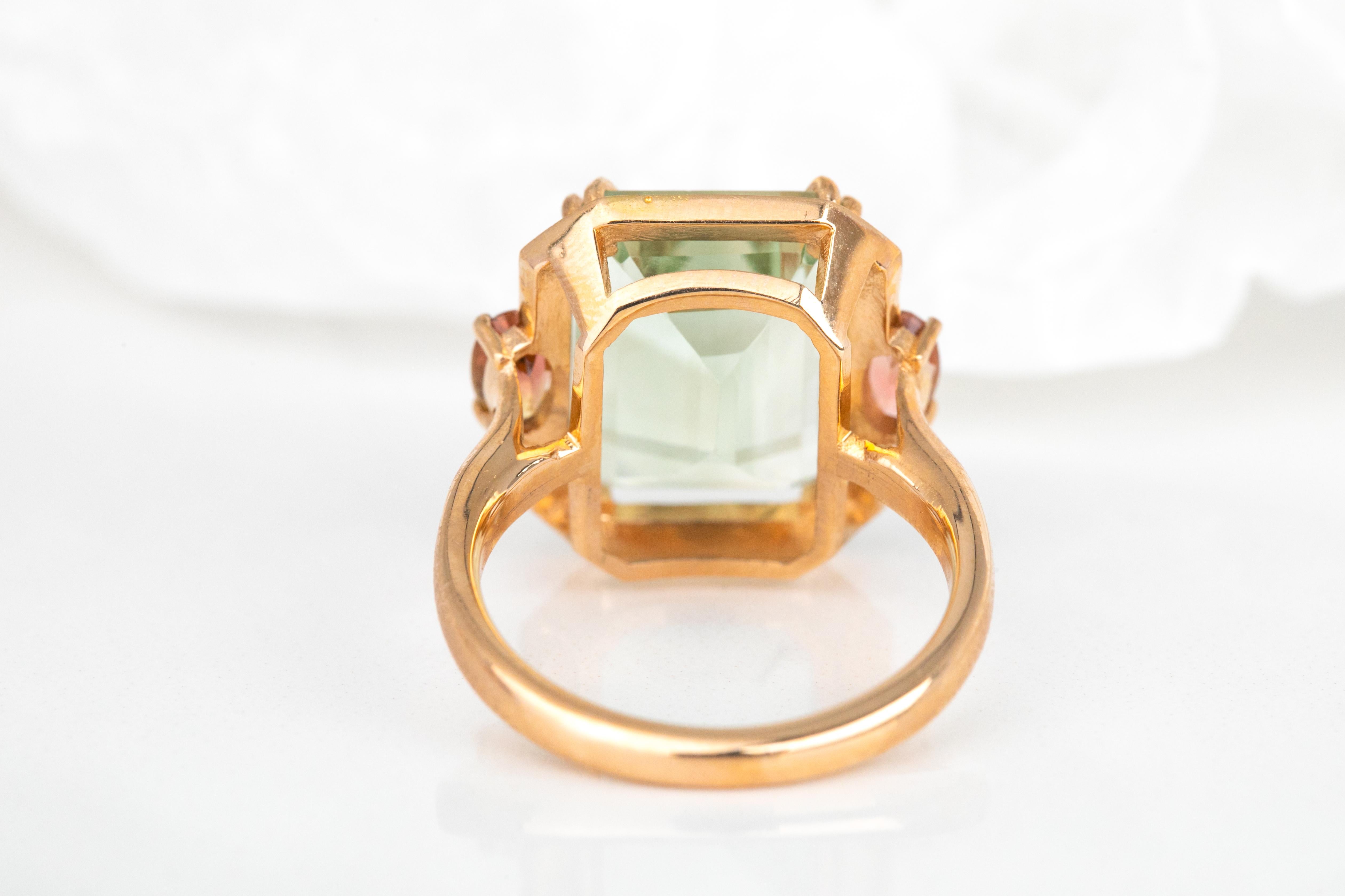 For Sale:  Artdeco Style Ring, 14k Solid Gold, Green Amethyst and Pink Tourmaline Stone Ring 4