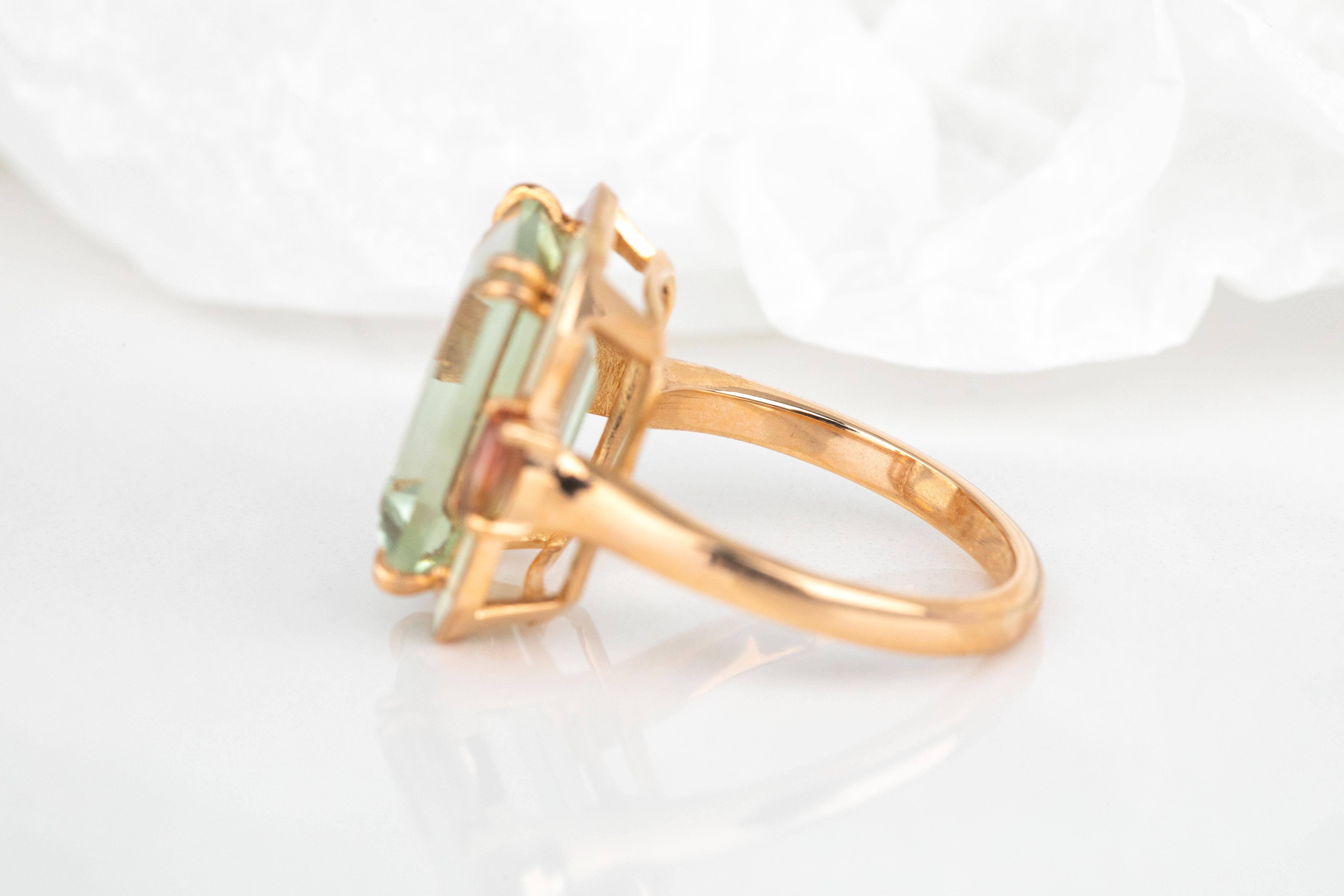 For Sale:  Artdeco Style Ring, 14k Solid Gold, Green Amethyst and Pink Tourmaline Stone Ring 5