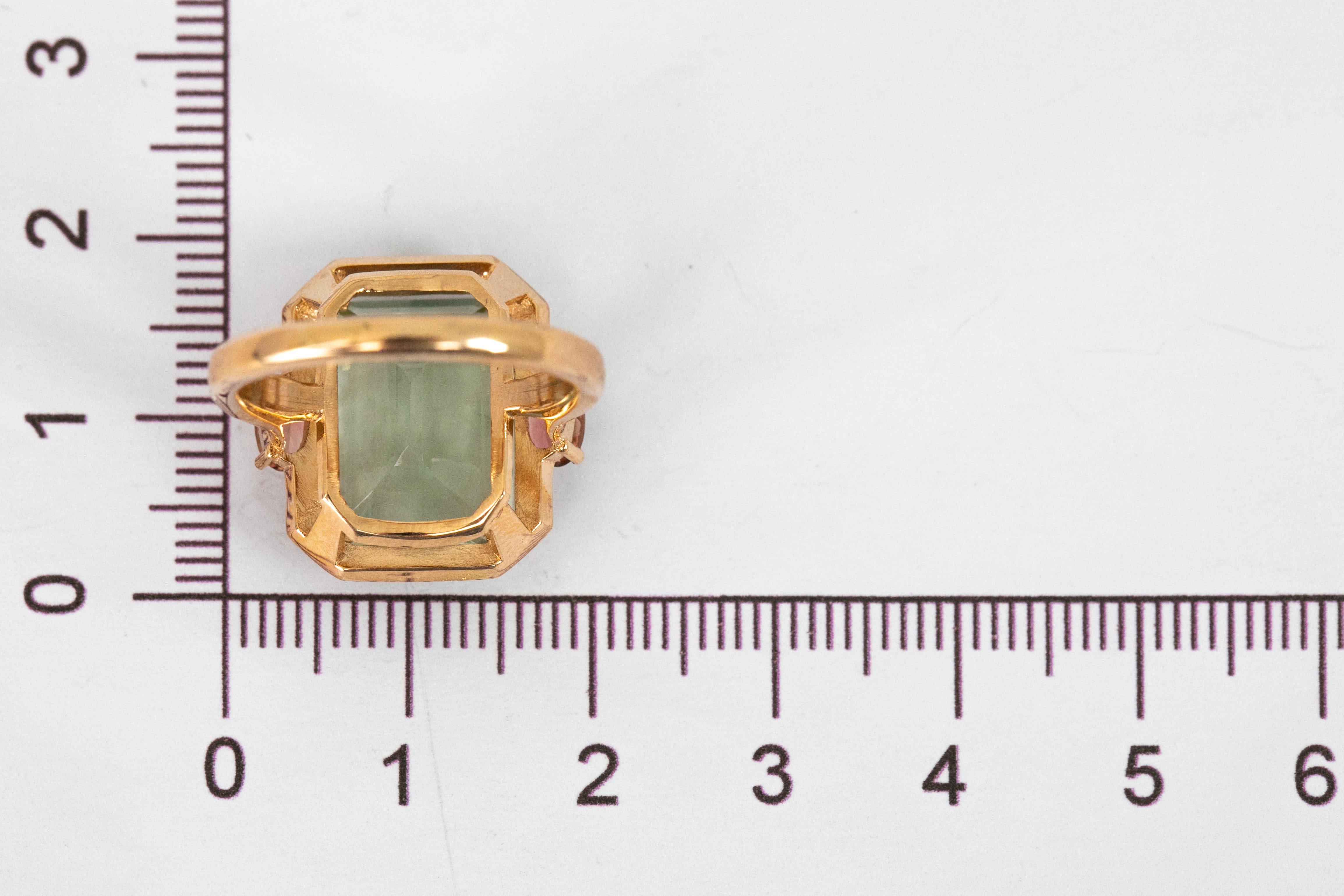 For Sale:  Artdeco Style Ring, 14k Solid Gold, Green Amethyst and Pink Tourmaline Stone Ring 7