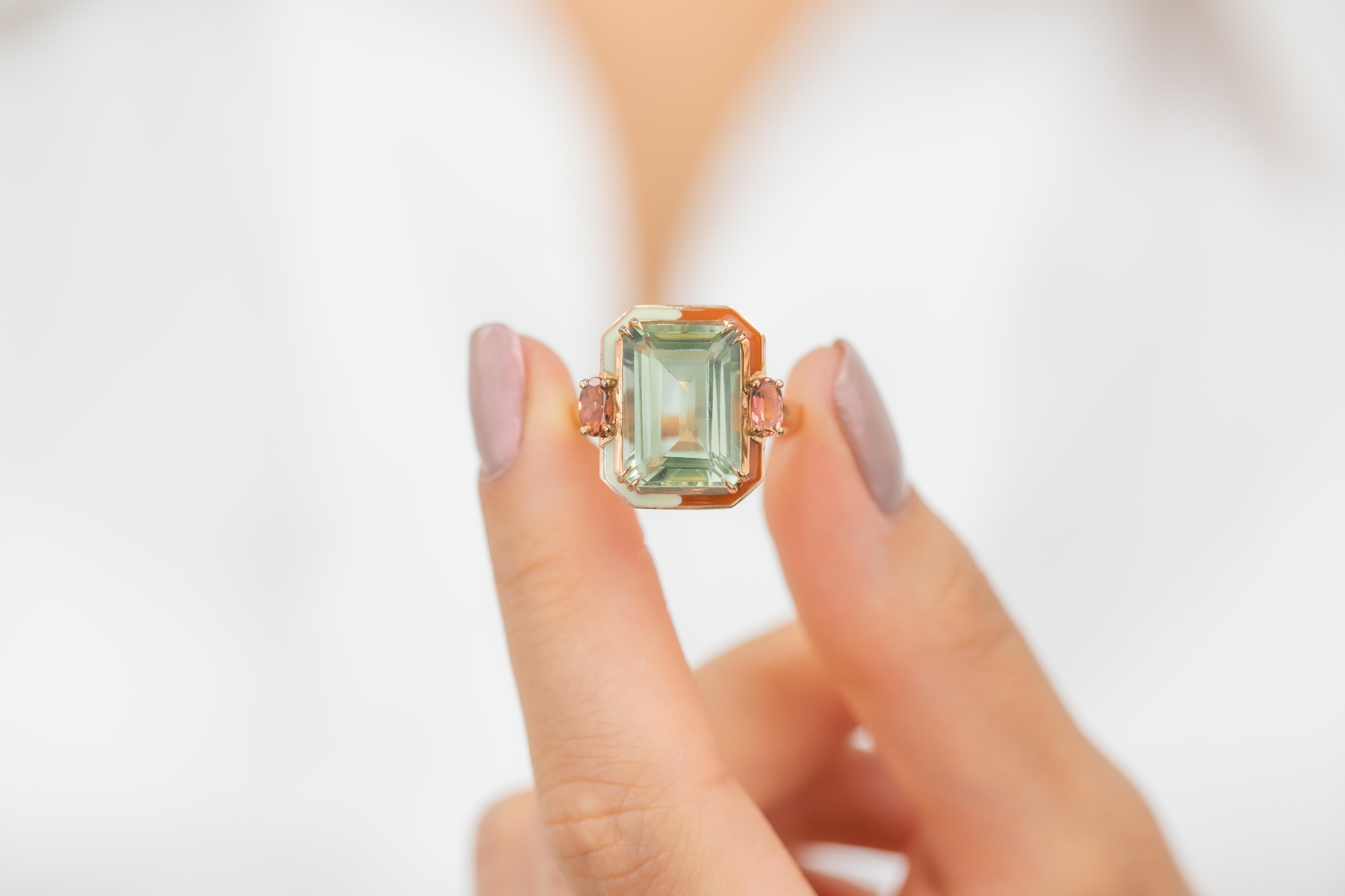 For Sale:  Artdeco Style Ring, 14k Solid Gold, Green Amethyst and Pink Tourmaline Stone Ring 8