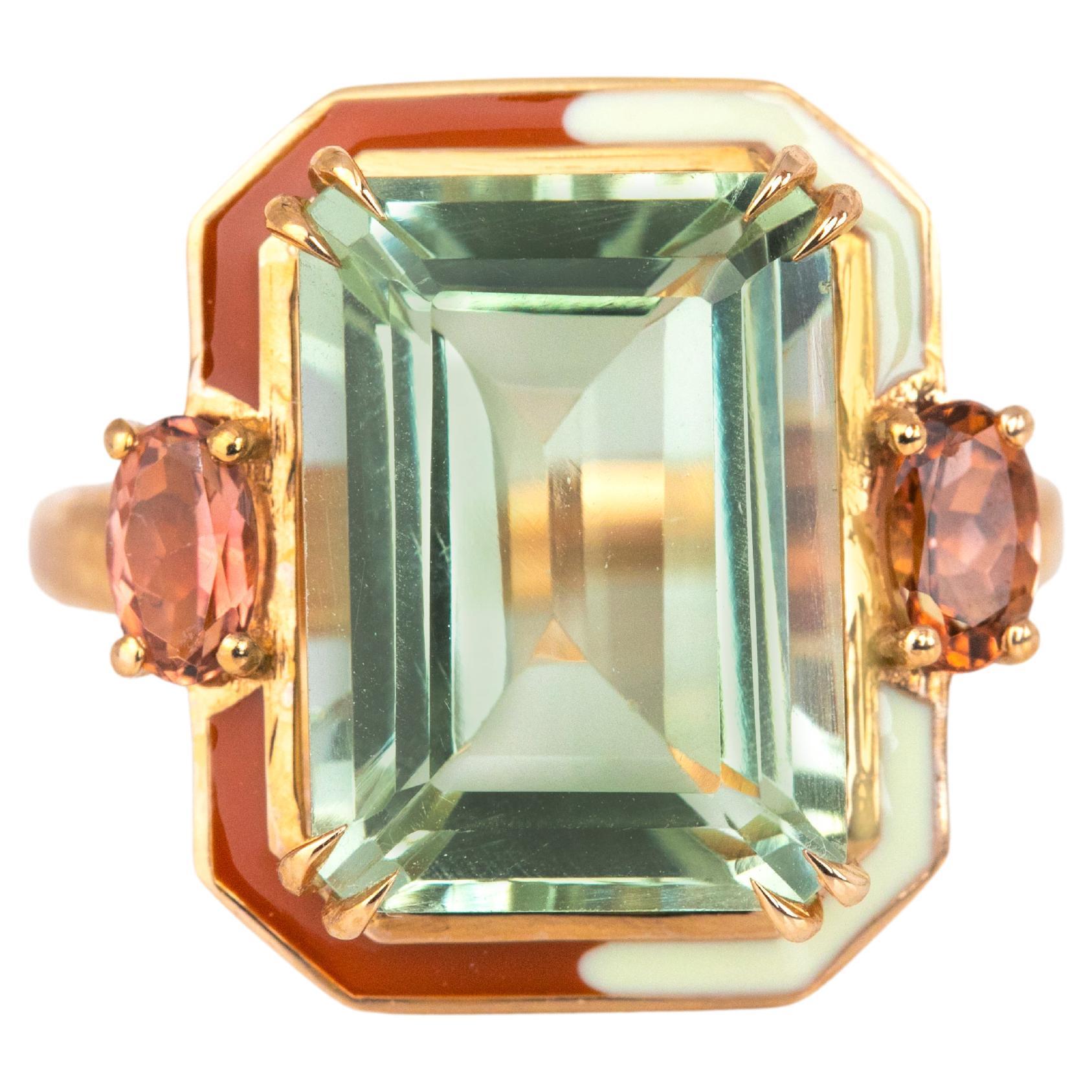Artdeco Style Ring, 14k Solid Gold, Green Amethyst and Pink Tourmaline Stone Ring