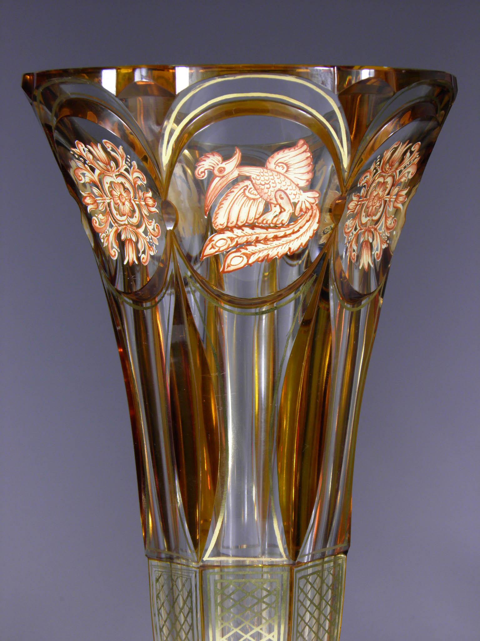 Vase cut in Art Deco style, colored with yellow glaze, six medallions with Art Deco style painting with lion, bull and bird.
  